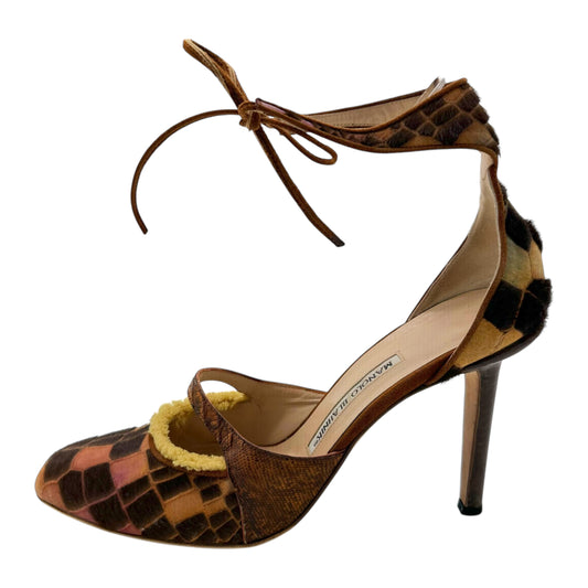 Manolo Blahnik Printed Ponyhair Lace Up Mary Jane Heels