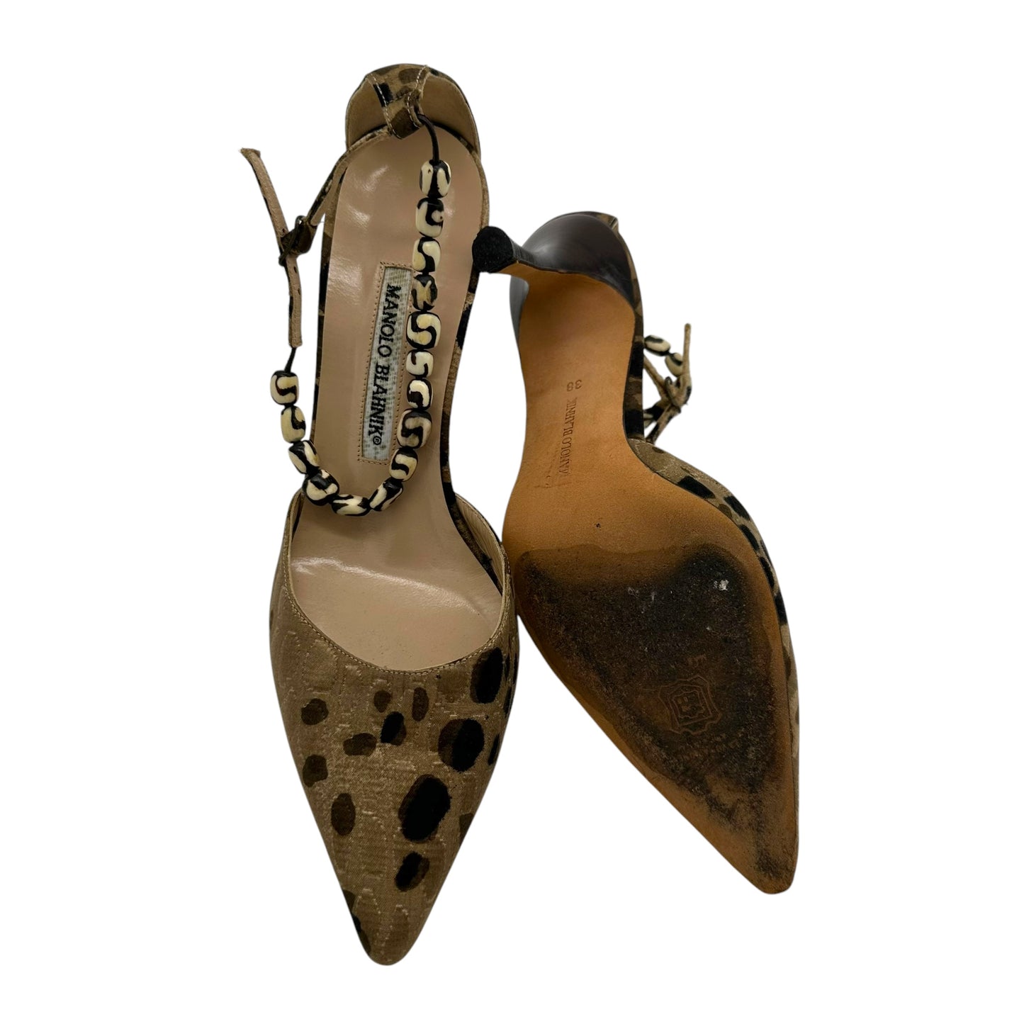 Manolo Blahnik Beaded Strap Animal Print Heels