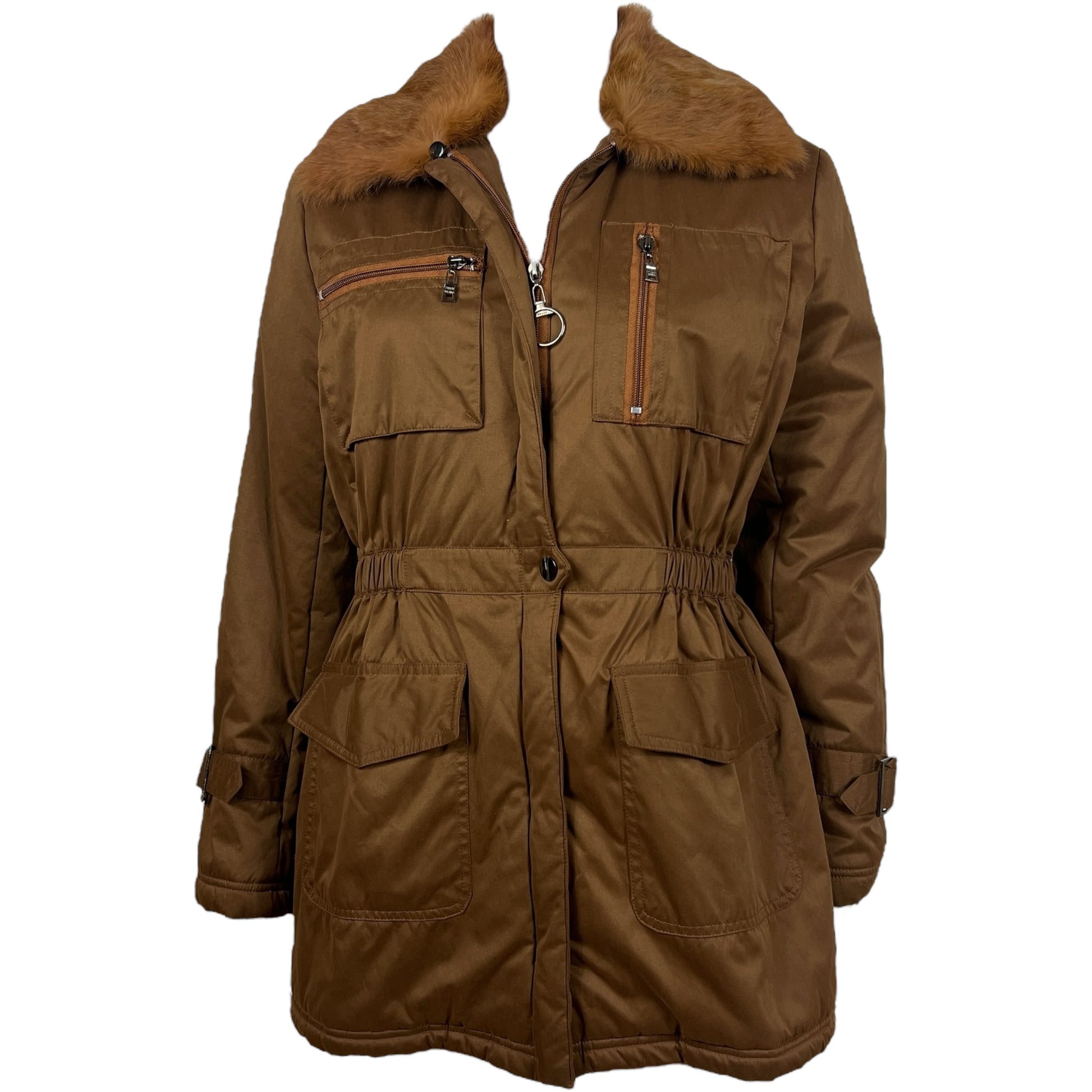 Prada Sport Brown Military Style Puffer Coat with Fur Trim