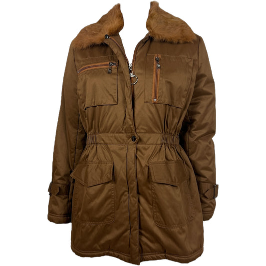 Prada Sport Brown Military Style Puffer Coat with Fur Trim
