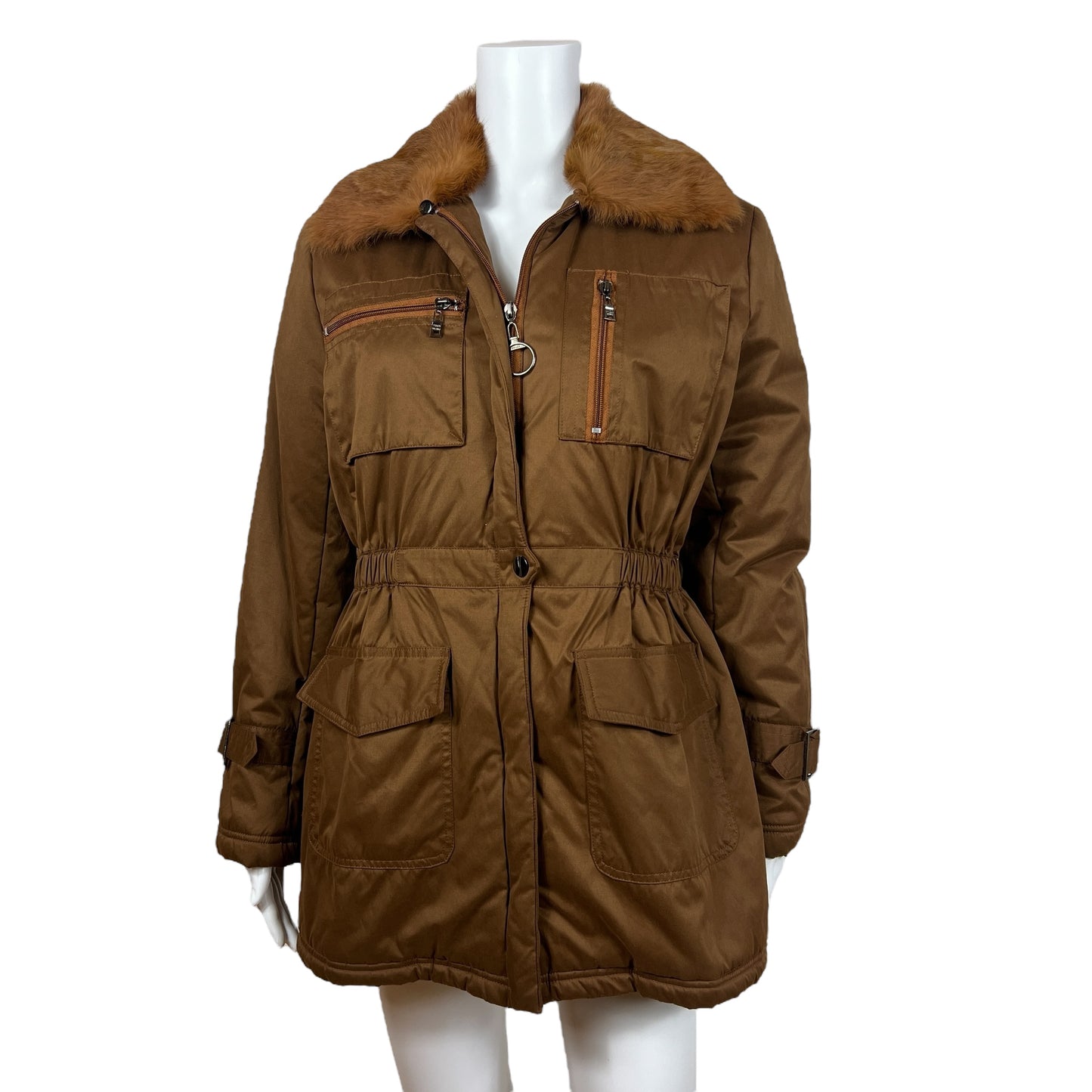 Prada Sport Brown Military Style Puffer Coat with Fur Trim