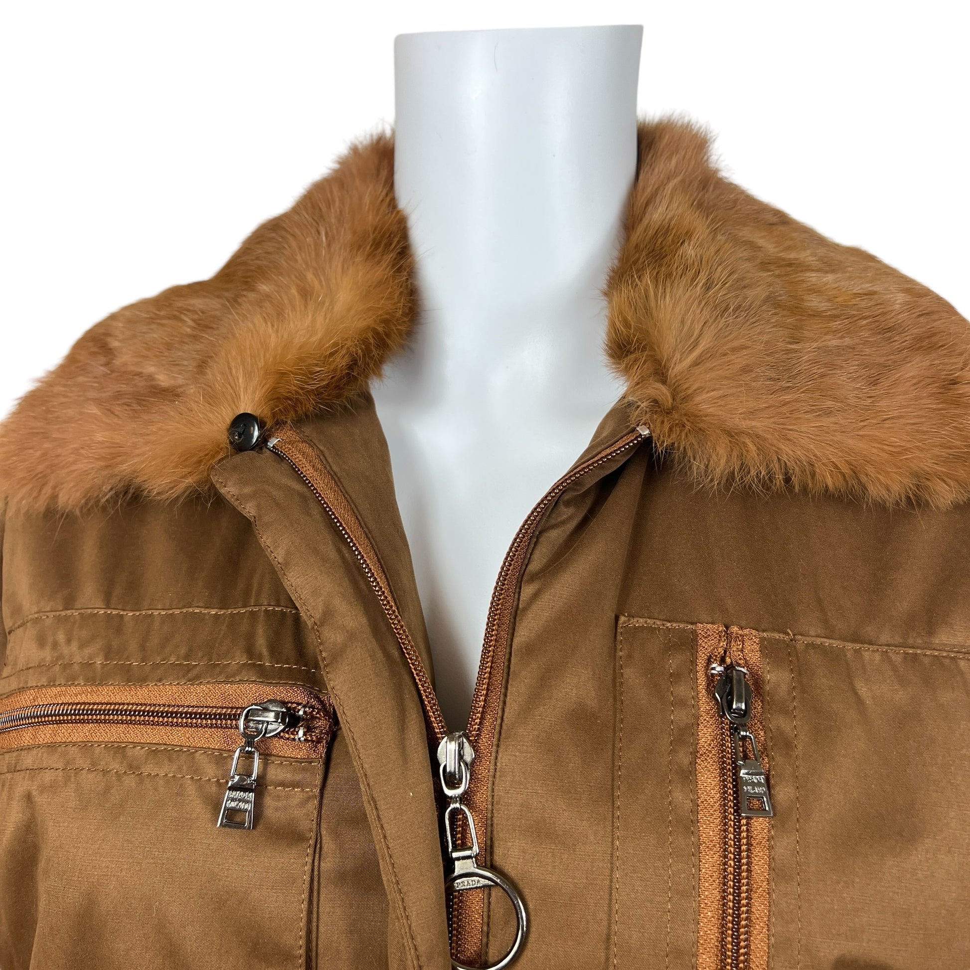 Prada Sport Brown Military Style Puffer Coat with Fur Trim