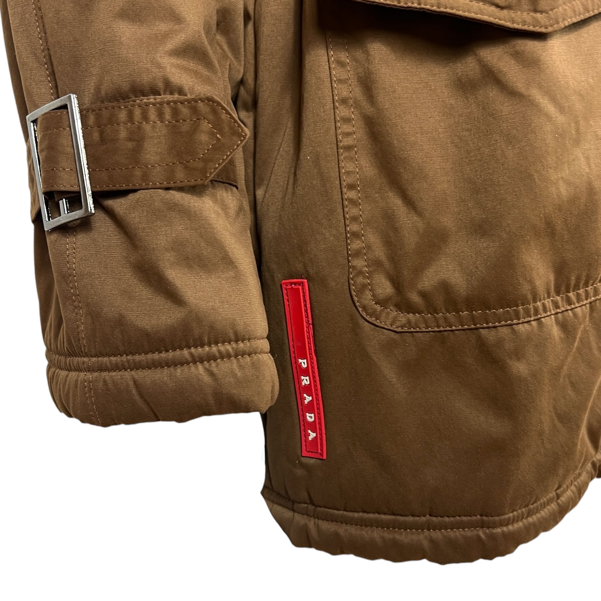 Prada Sport Brown Military Style Puffer Coat with Fur Trim