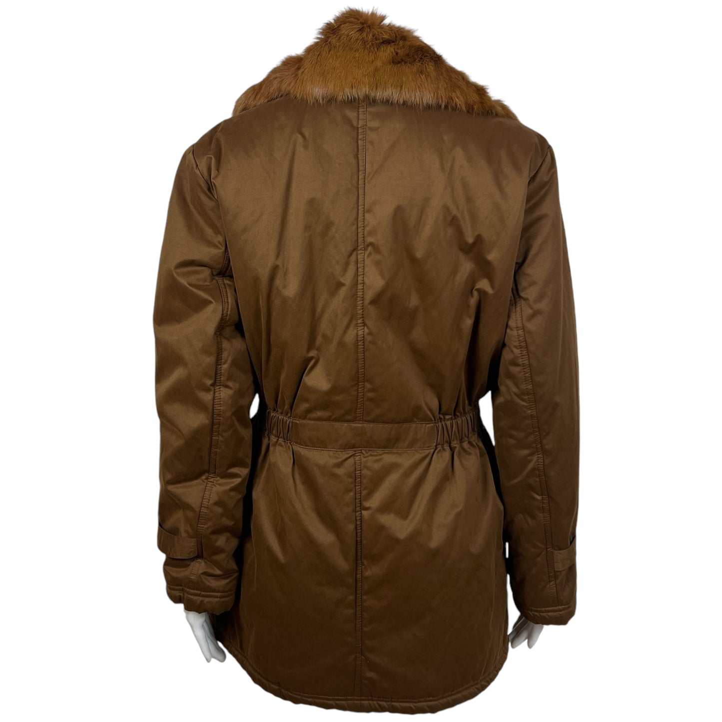 Prada Sport Brown Military Style Puffer Coat with Fur Trim