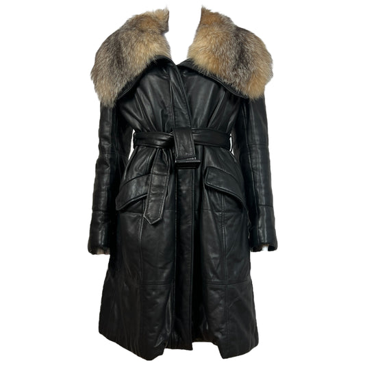 Loewe Black Leather Trench Coat With Fox Fur Trim