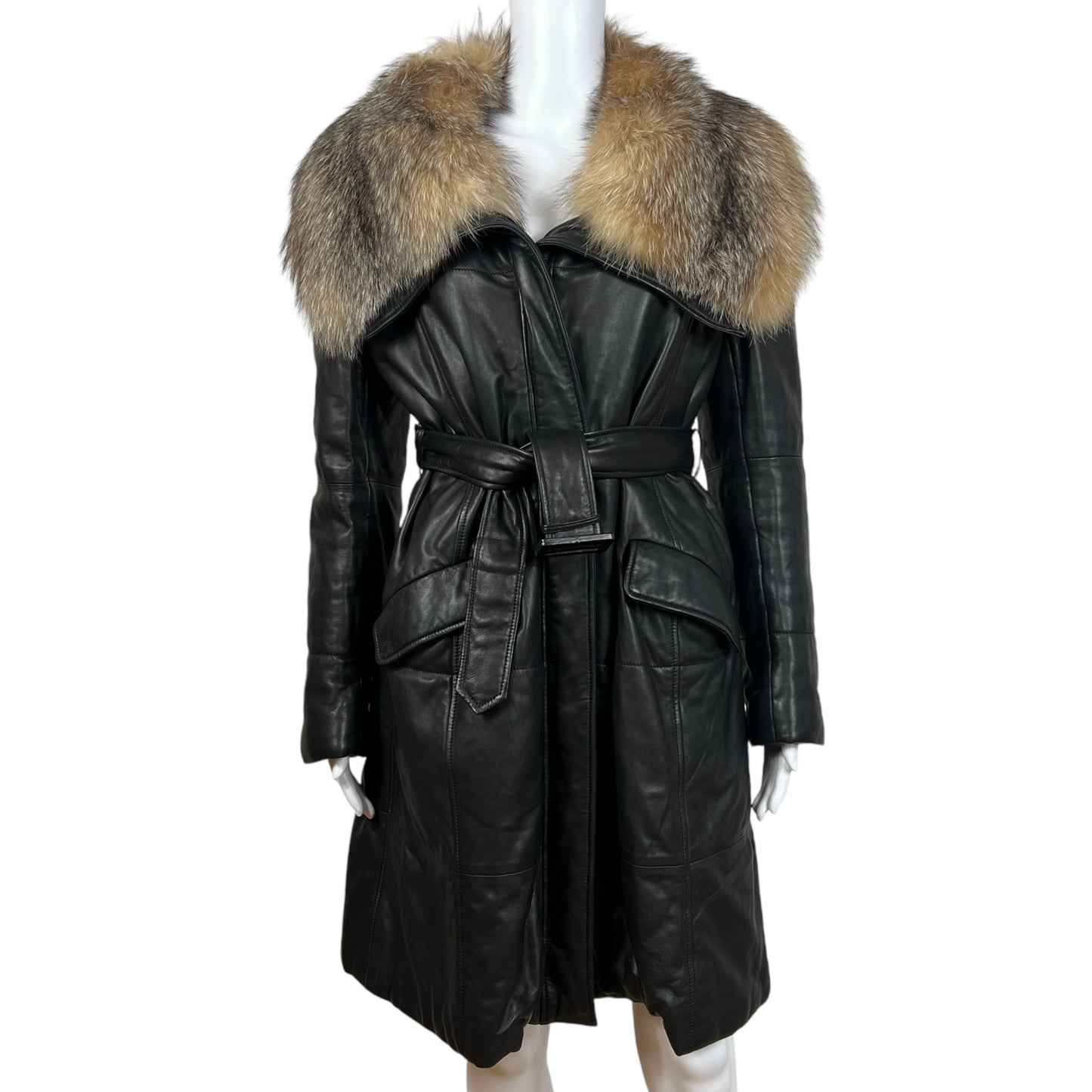 Loewe Black Leather Trench Coat With Fox Fur Trim