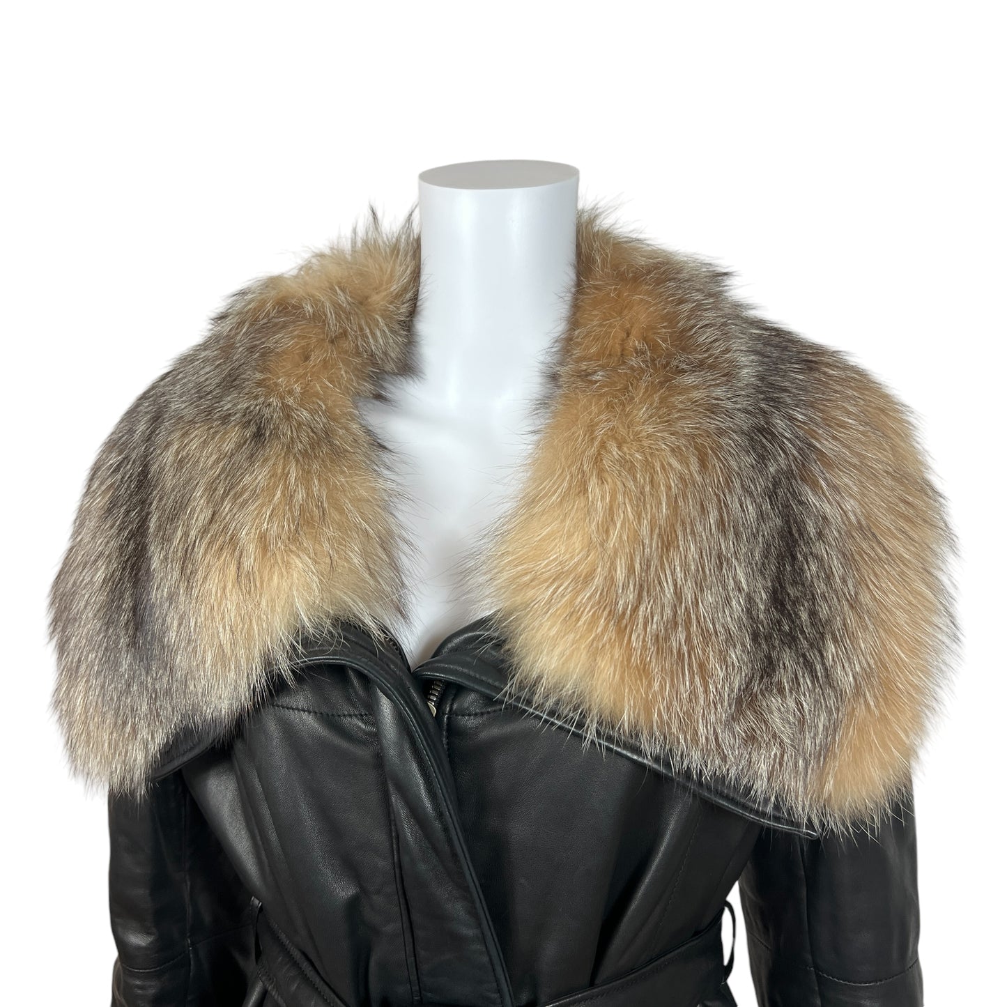 Loewe Black Leather Trench Coat With Fox Fur Trim