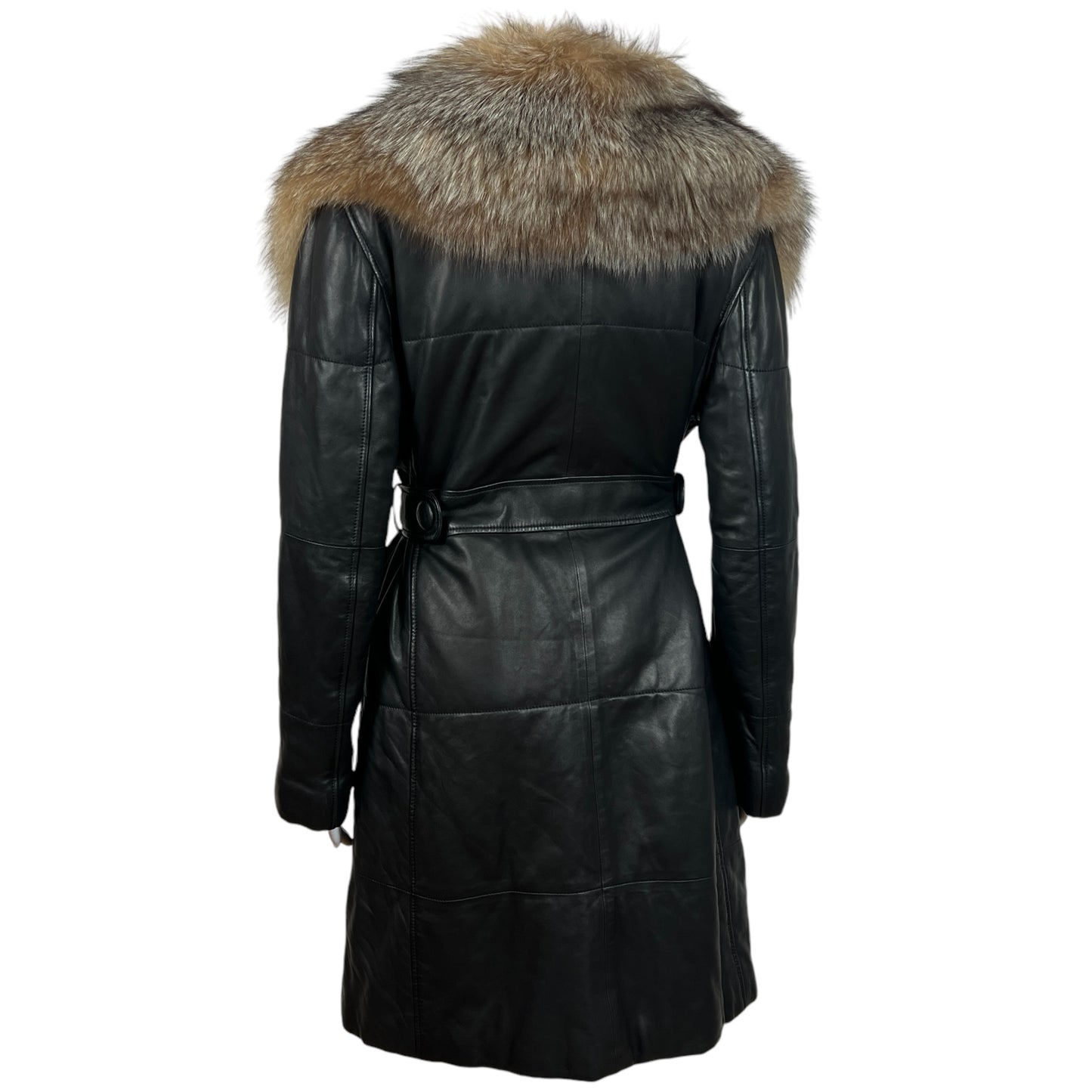 Loewe Black Leather Trench Coat With Fox Fur Trim