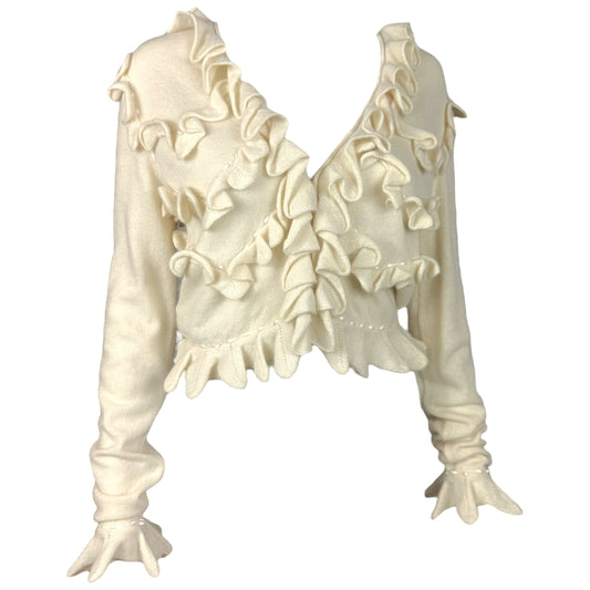 Emanuel Unagro Ivory Cashmere Ruffle Crop Cardigan