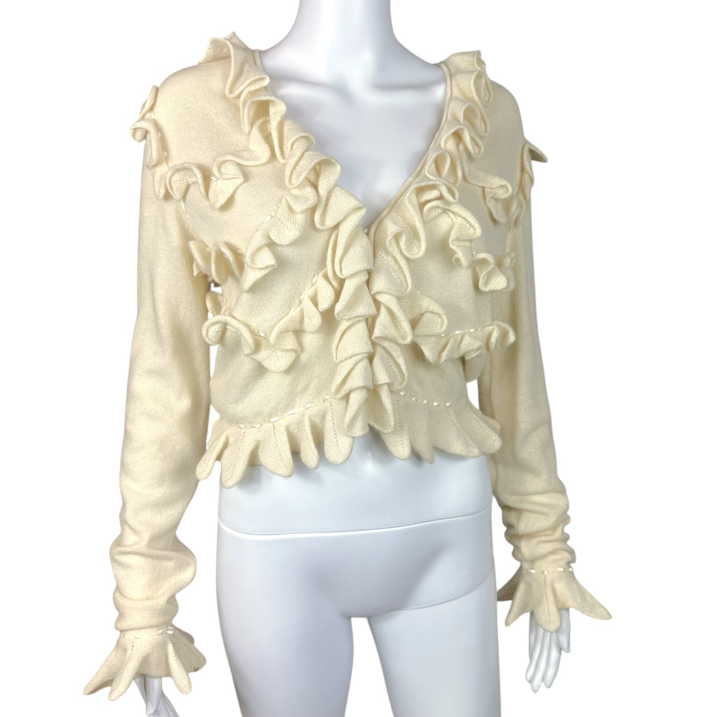 Emanuel Unagro Ivory Cashmere Ruffle Crop Cardigan