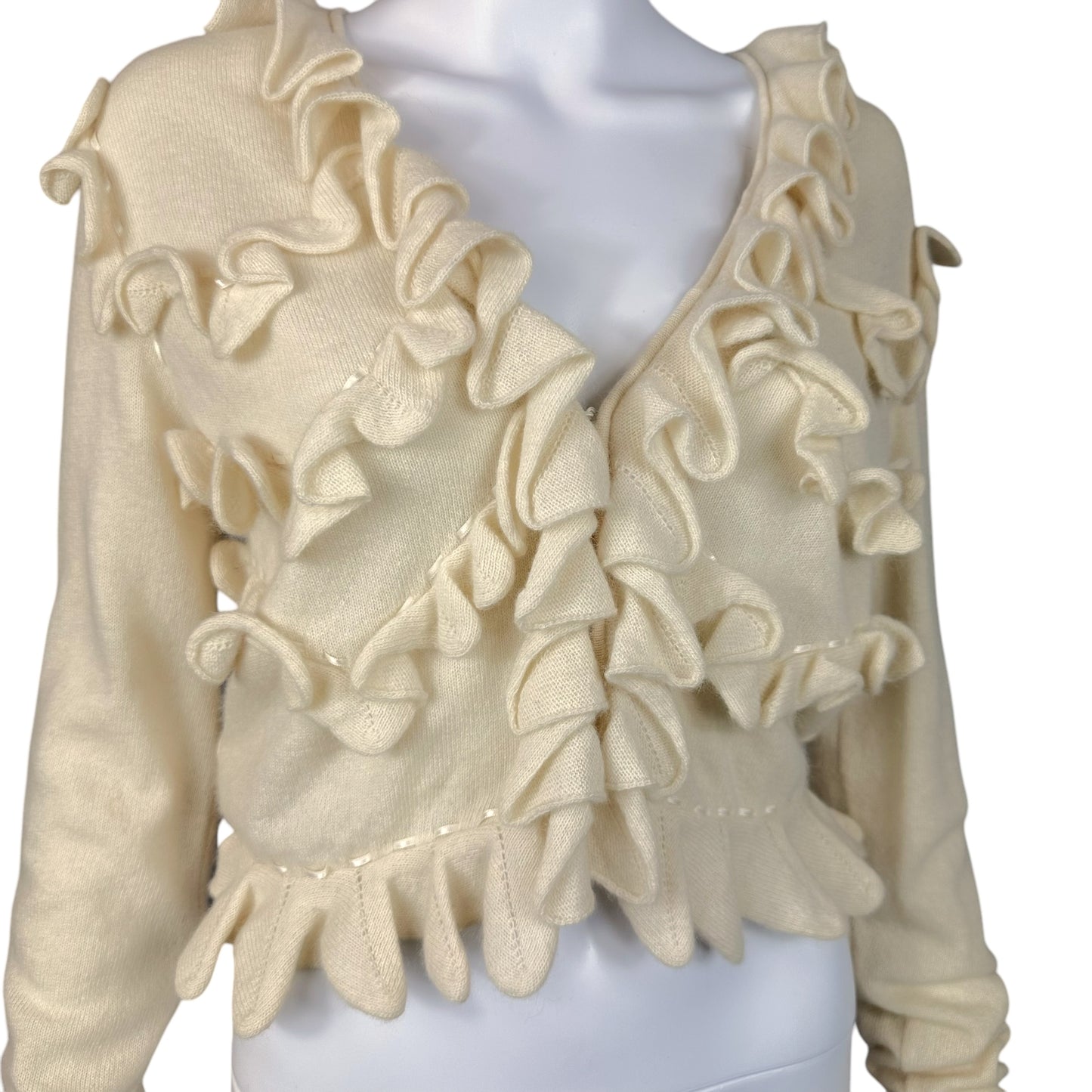 Emanuel Unagro Ivory Cashmere Ruffle Crop Cardigan