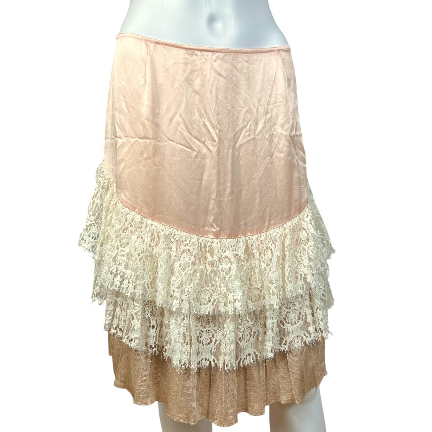 Christian Lacroix Bazar Pink Silk & Lace Ruffle Midi Skirt