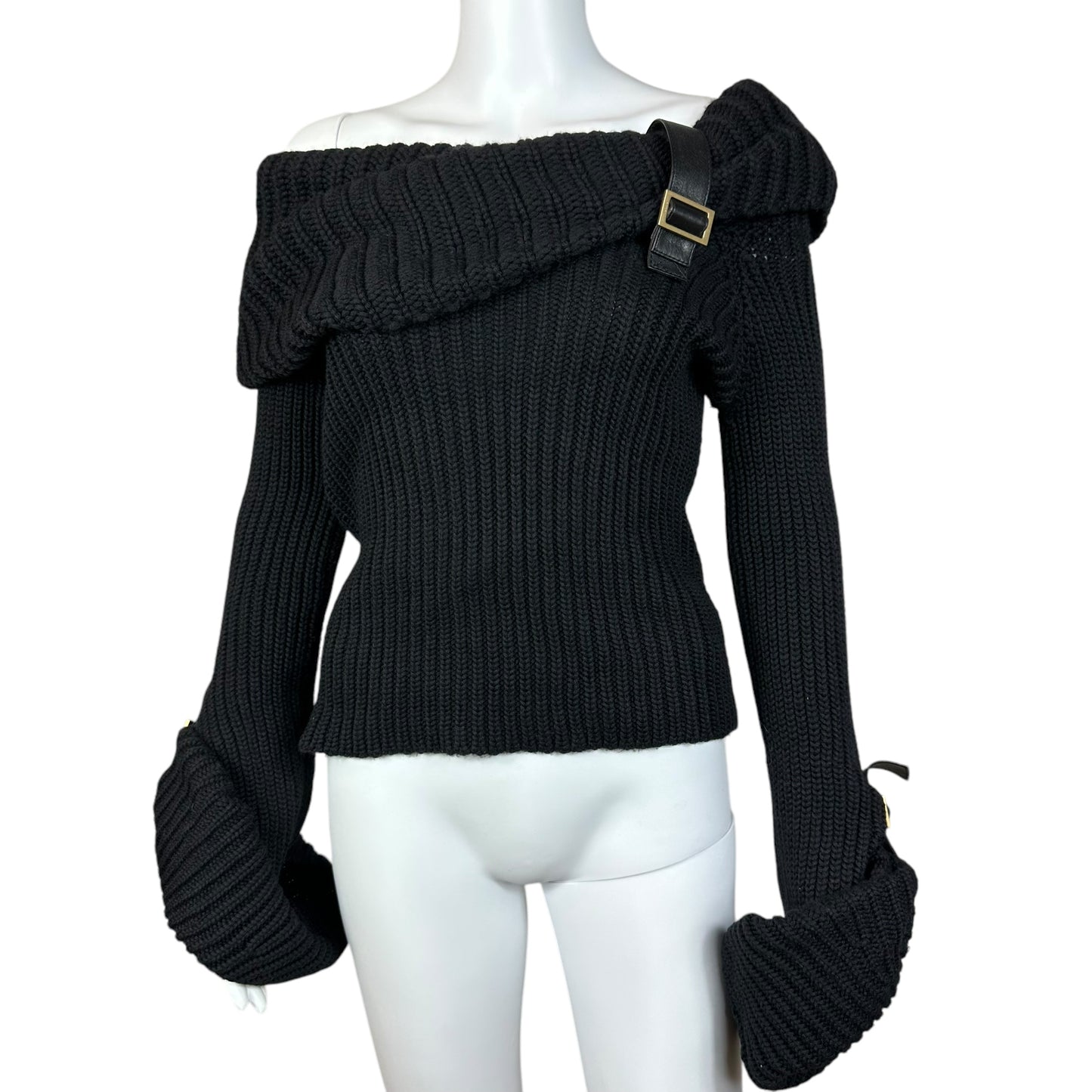 Gucci Black Cashmere Belted Off the Shoulder Sweater