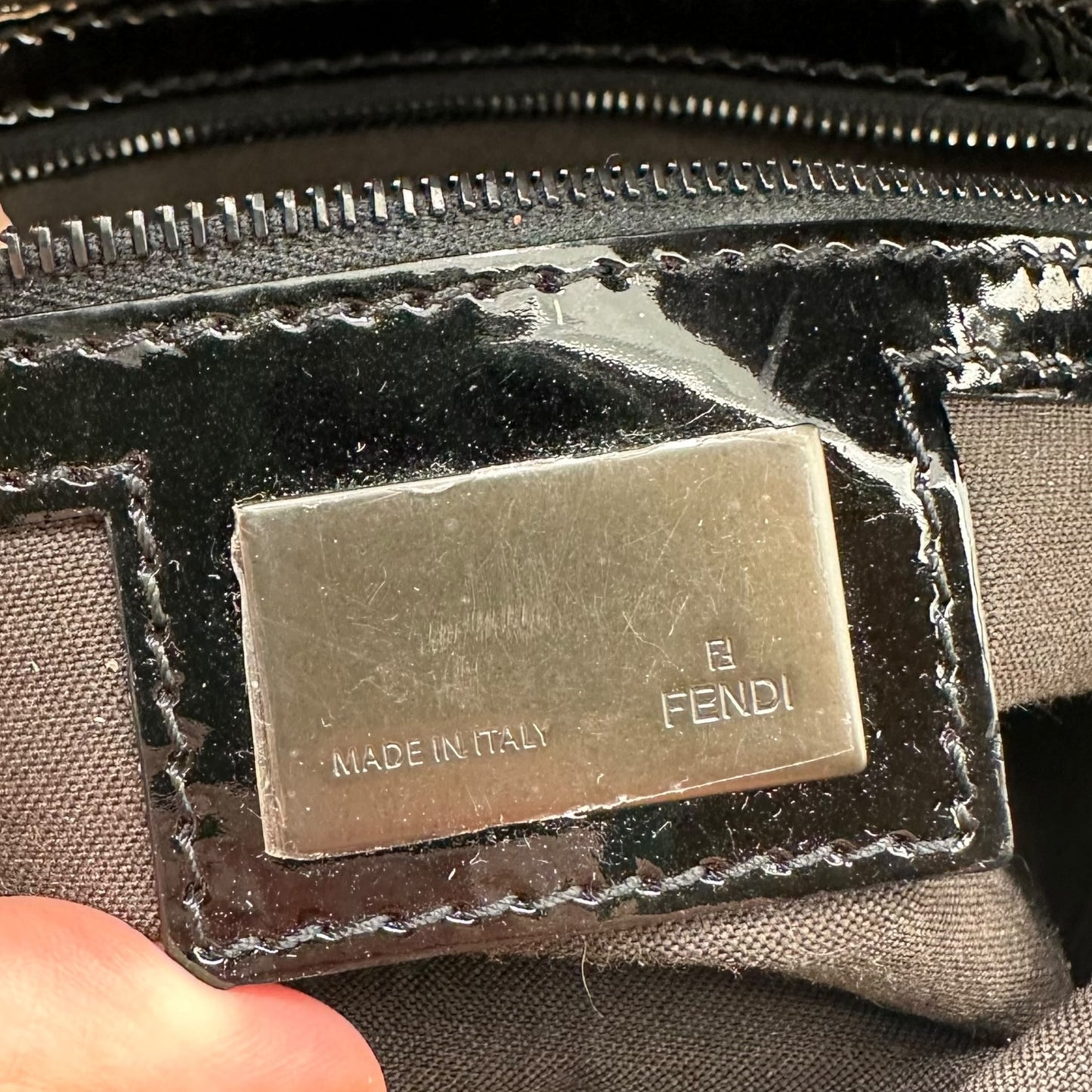 Fendi Patent Leather Woven Zucca Monogram Baguette Bag