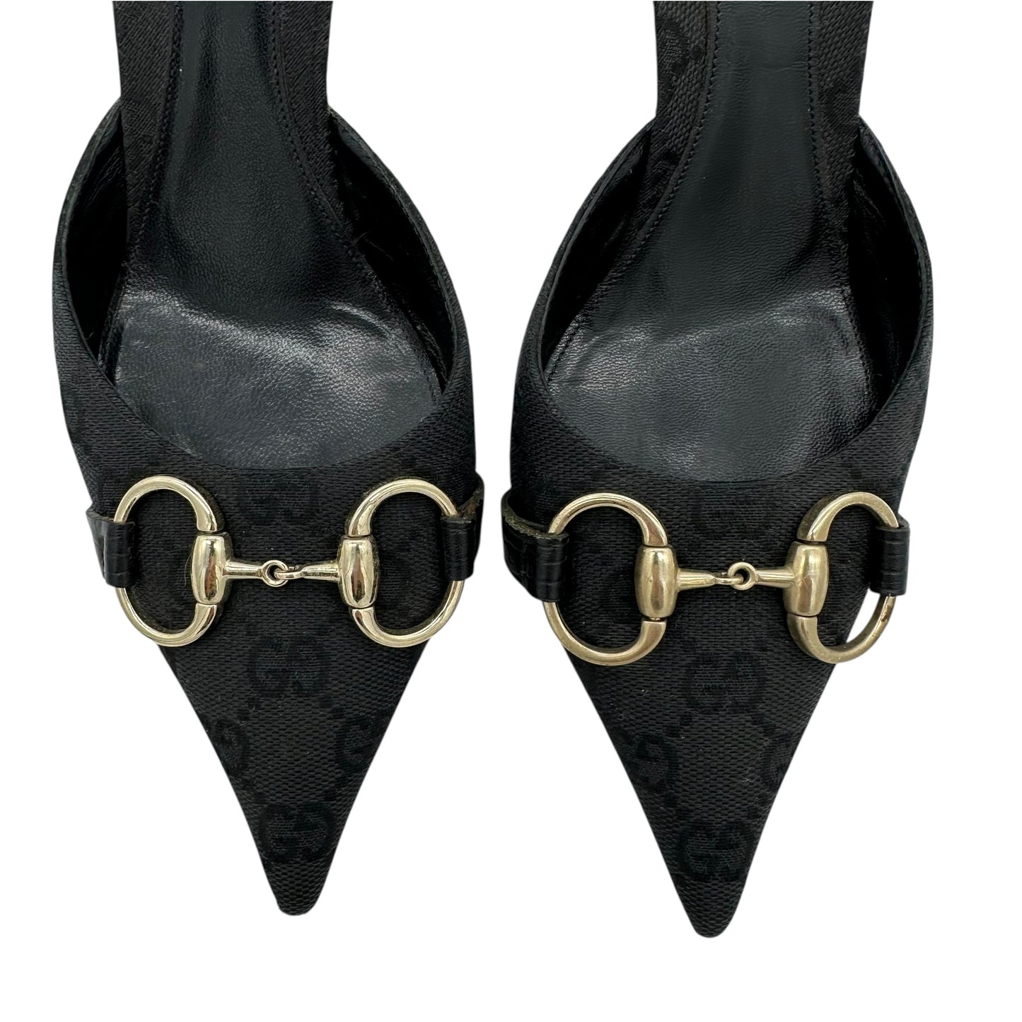Gucci Black Monogram Horsebit Kitten Mule Heels - Outfit Repeater