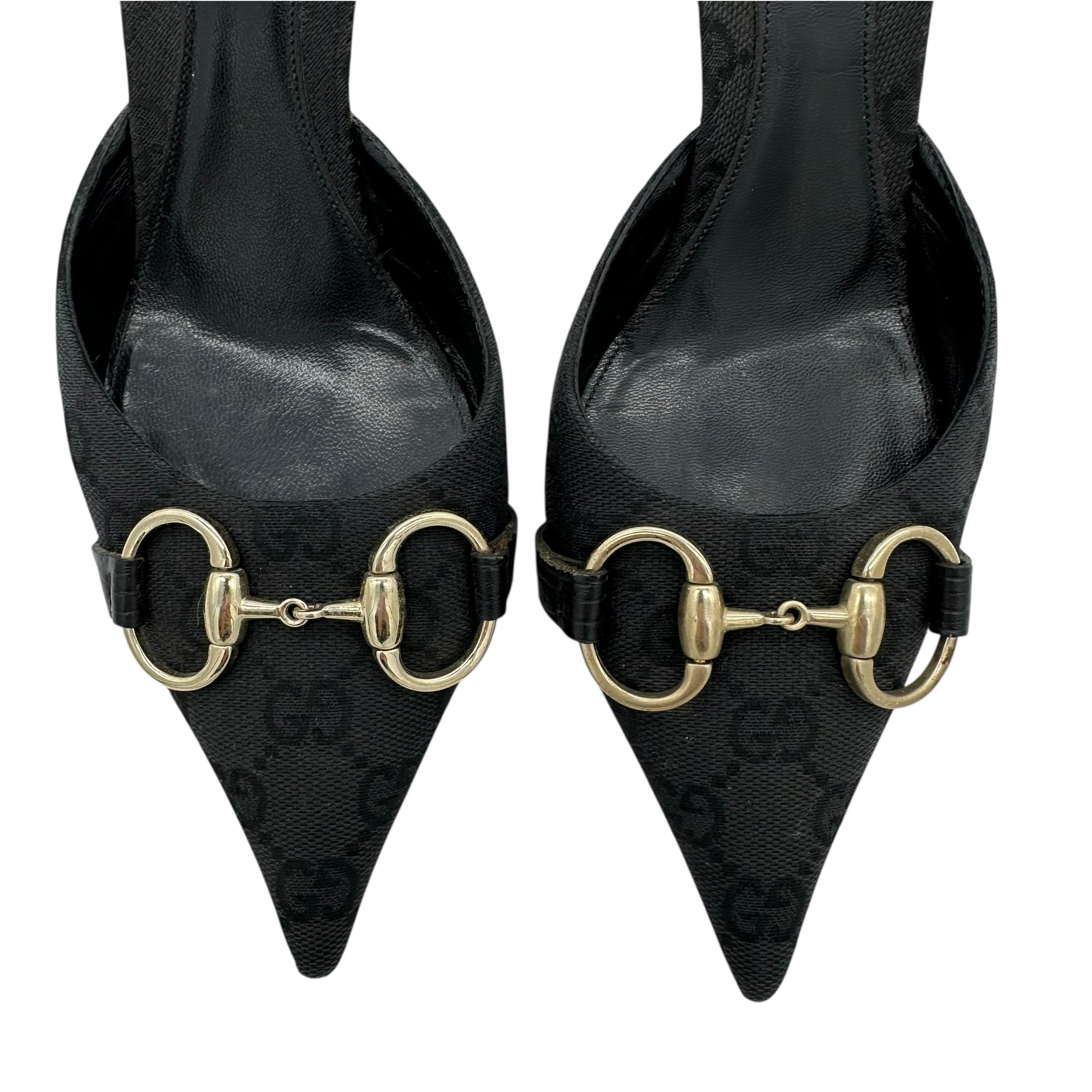 Gucci Black Monogram Horsebit Kitten Mule Heels - Outfit Repeater