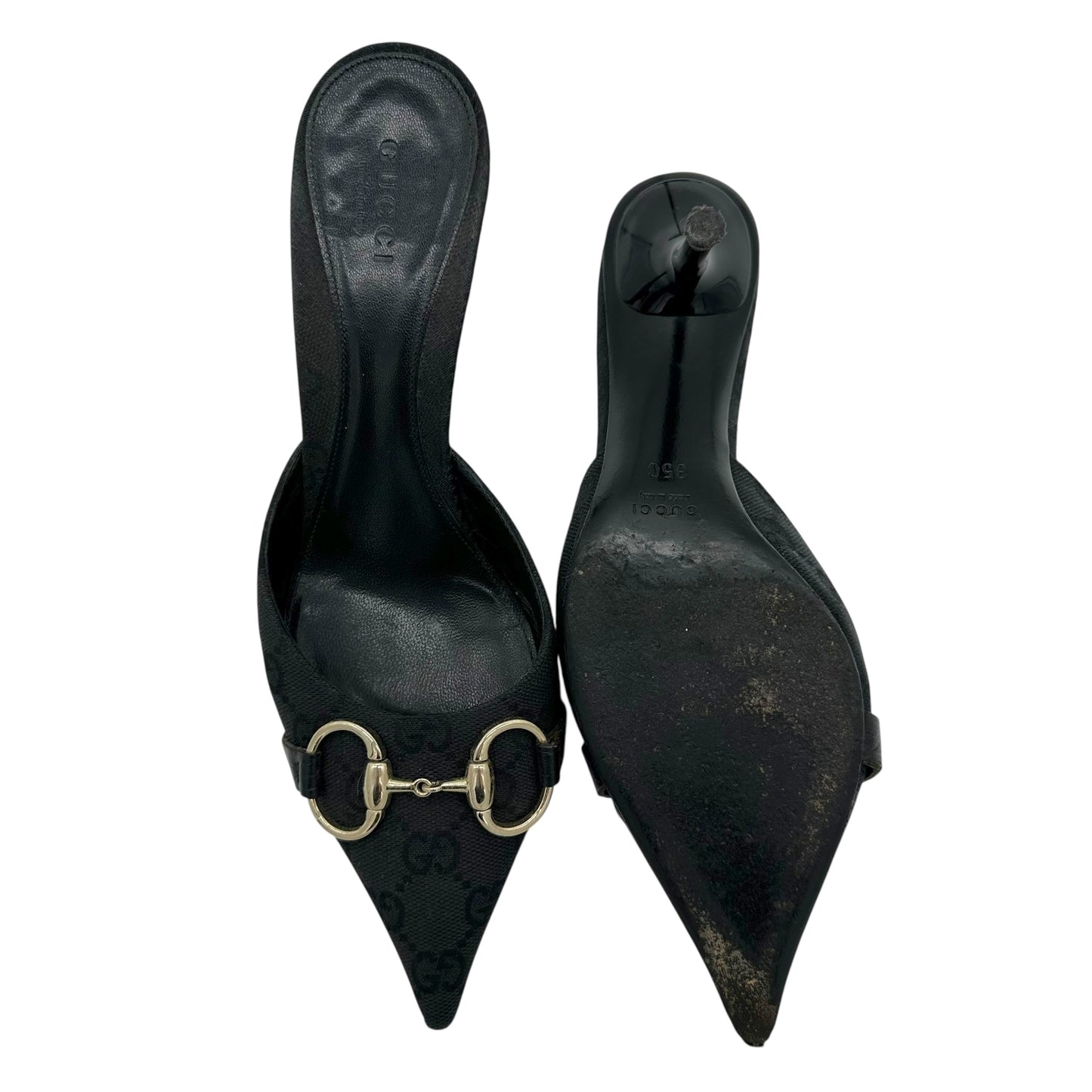 Gucci Black Monogram Horsebit Kitten Mule Heels - Outfit Repeater