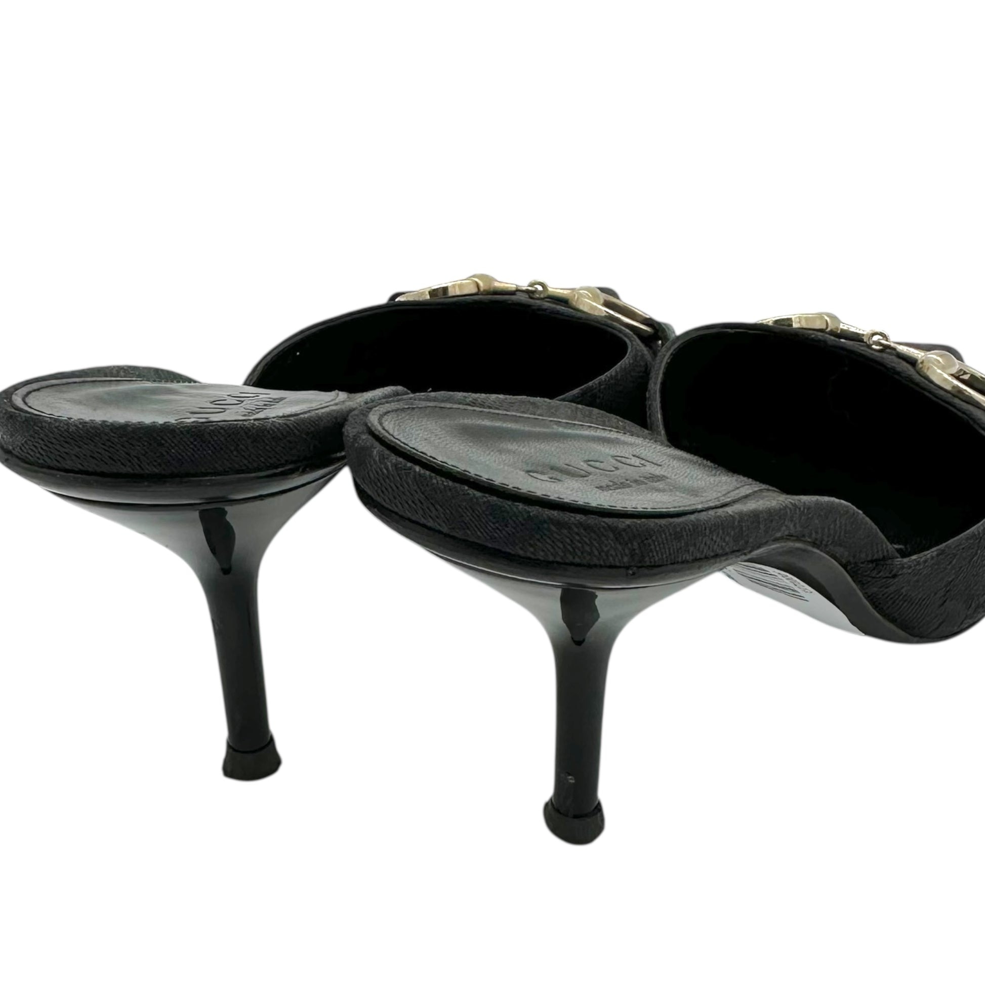 Gucci Black Monogram Horsebit Kitten Mule Heels - Outfit Repeater
