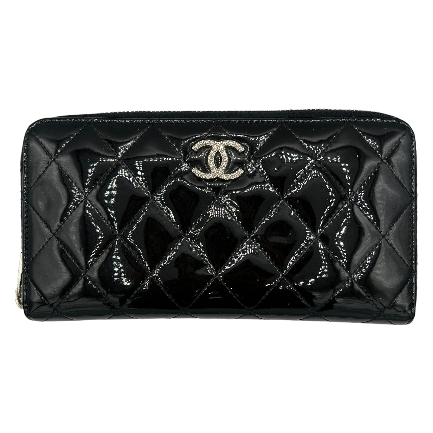 Chanel Black Patent Leather Quilted Zip Long Wallet