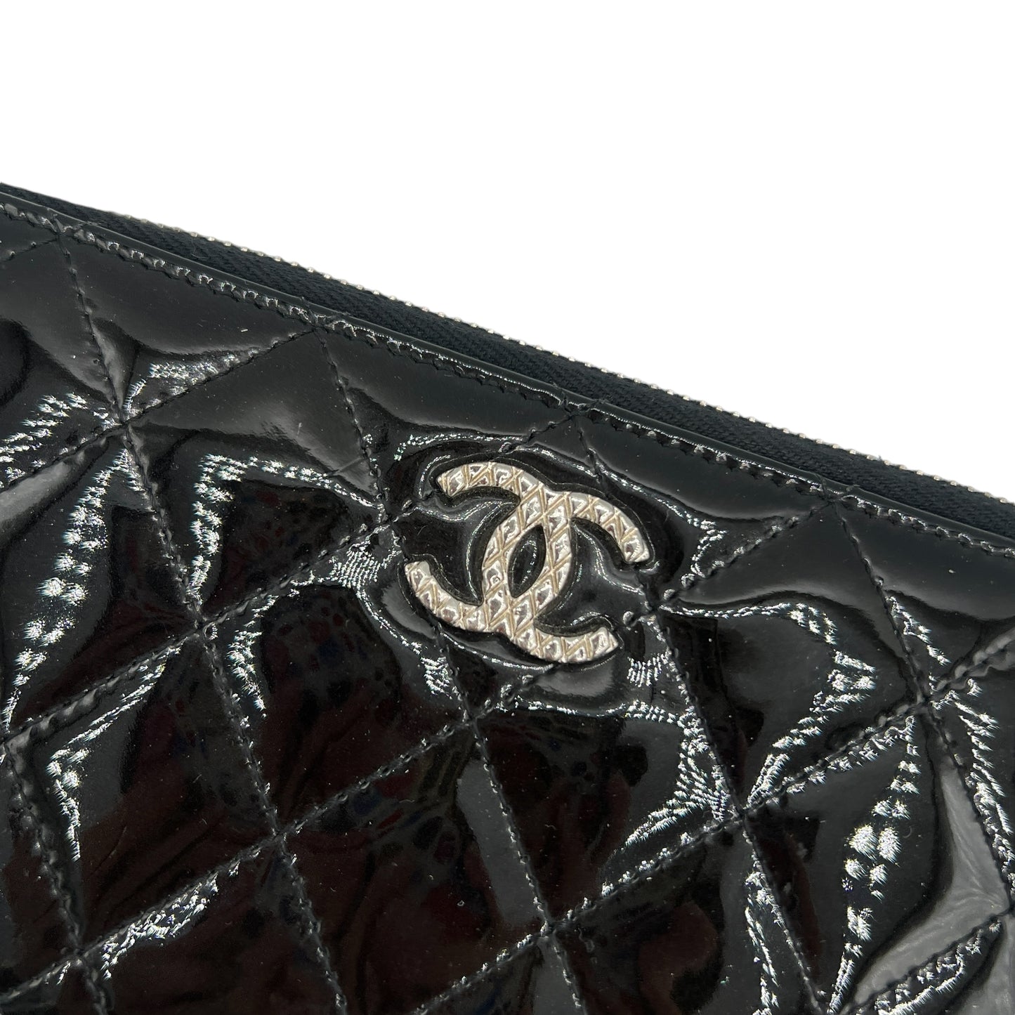 Chanel Black Patent Leather Quilted Zip Long Wallet