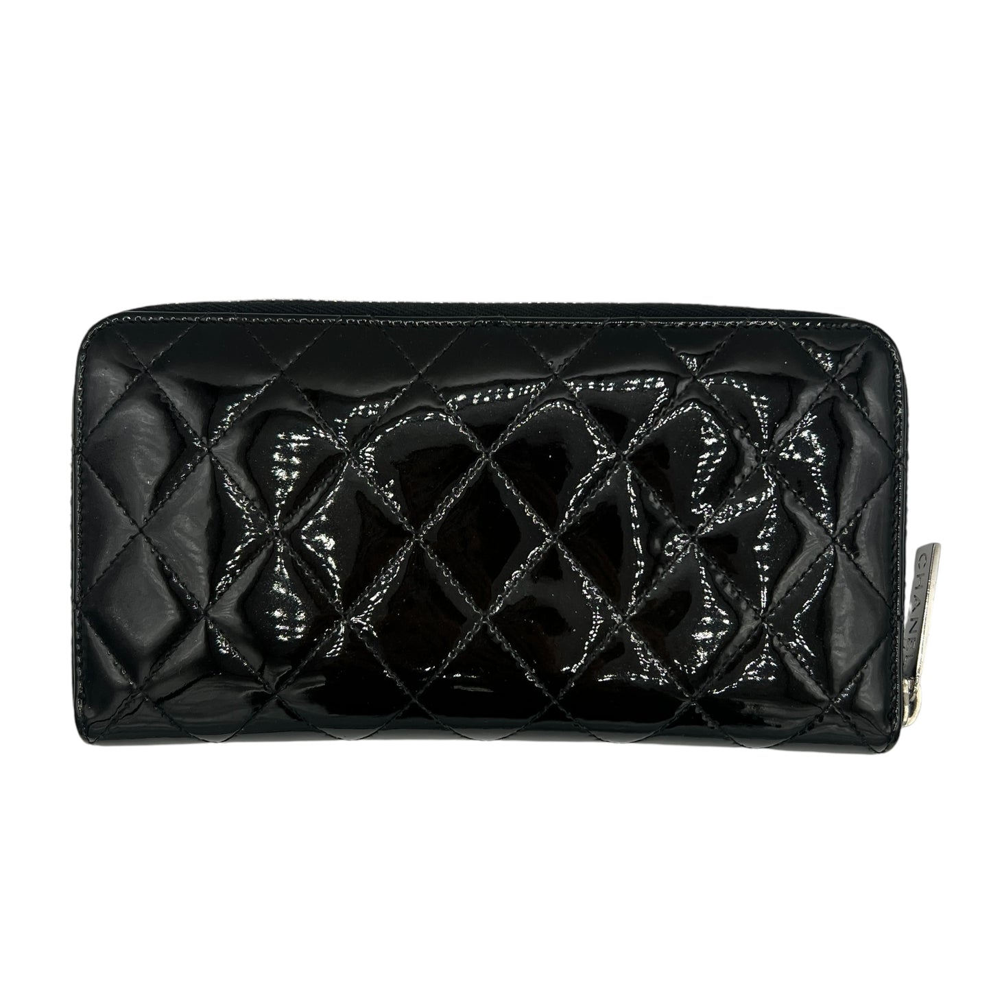 Chanel Black Patent Leather Quilted Zip Long Wallet