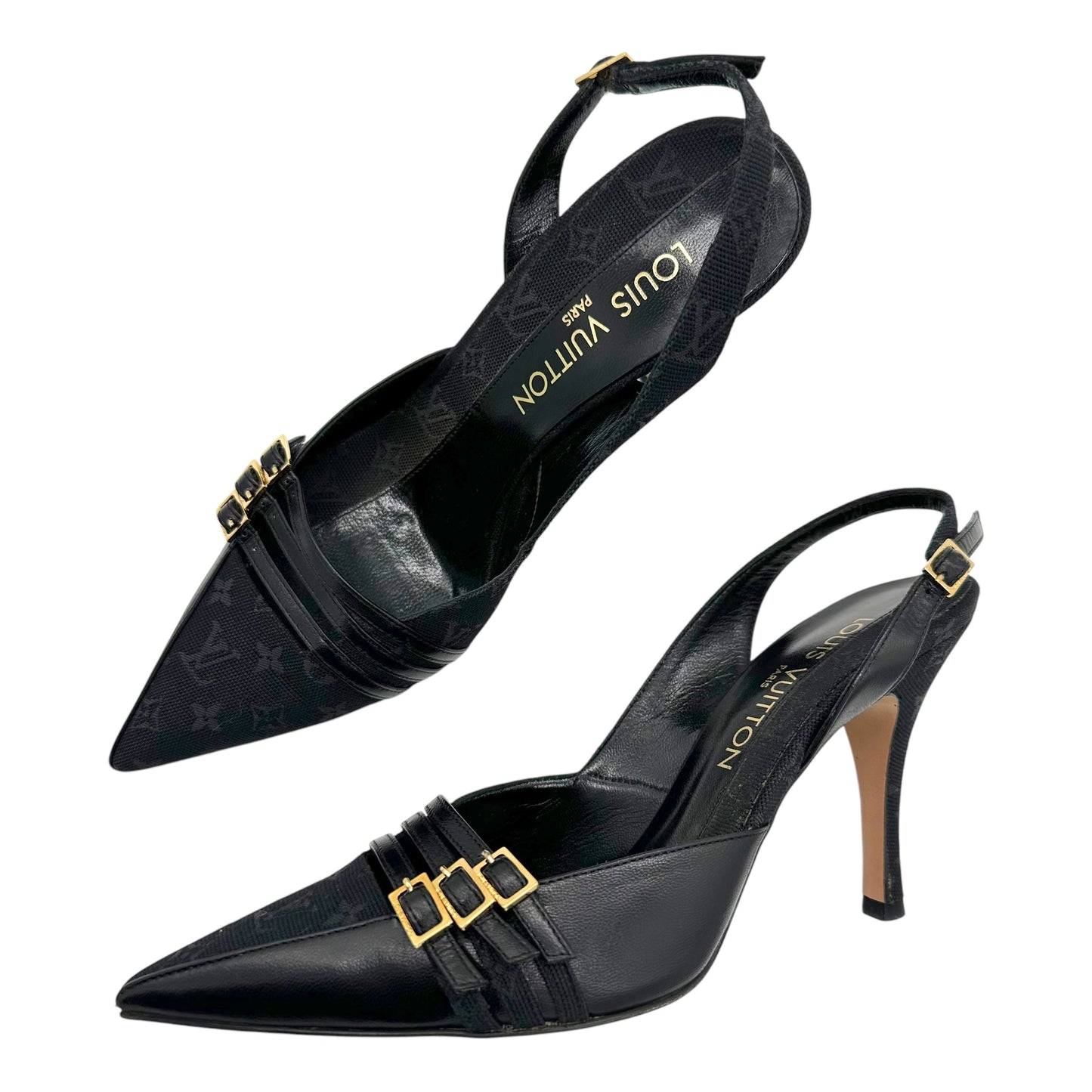 Louis Vuitton Black Lin Monogram Strappy Heels - Outfit Repeater