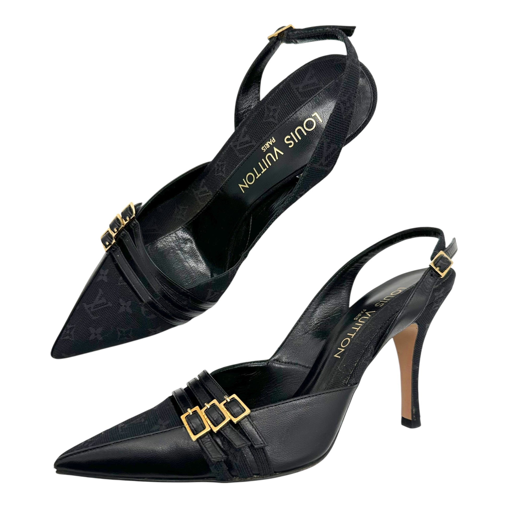 Louis Vuitton Black Lin Monogram Strappy Heels - Outfit Repeater