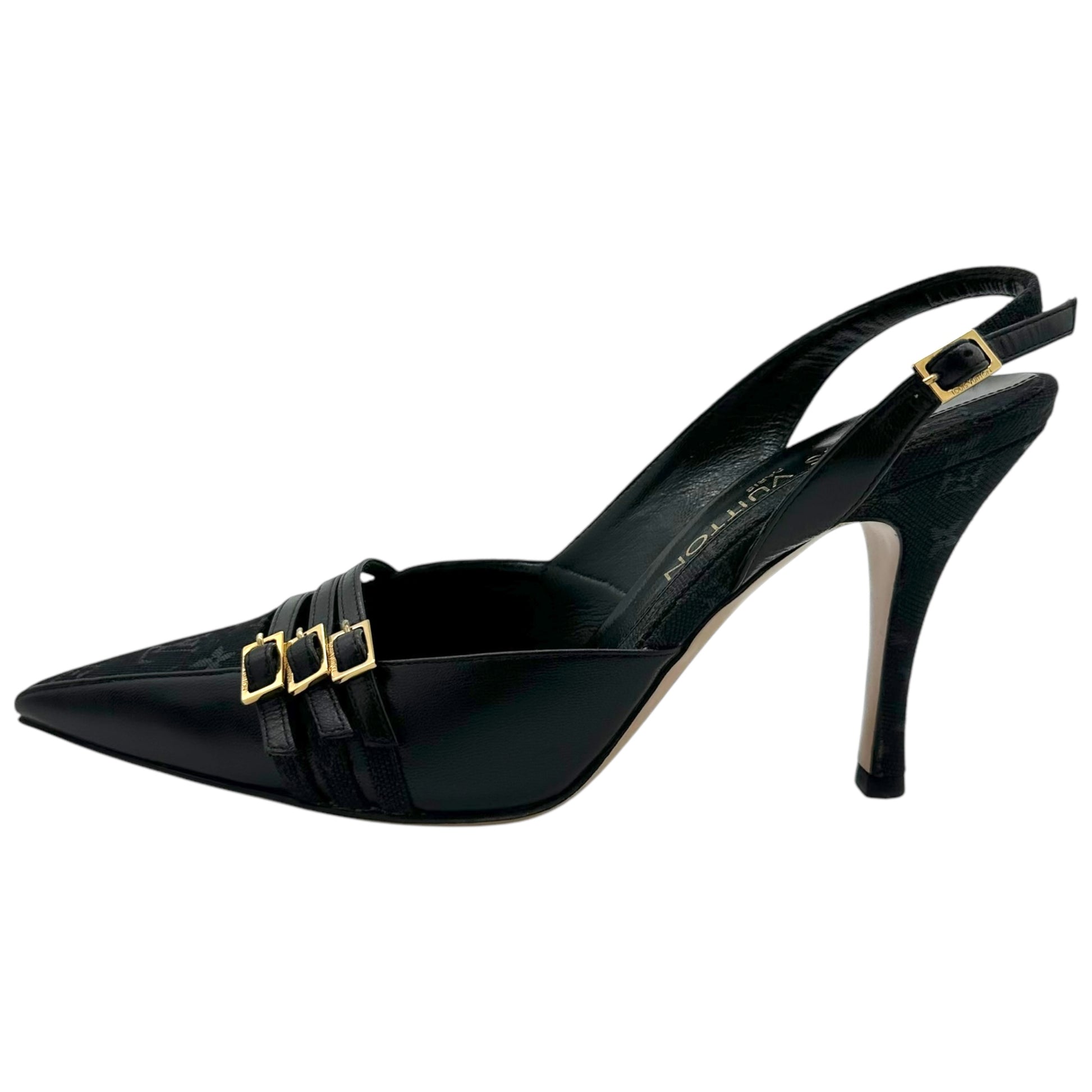 Louis Vuitton Black Lin Monogram Strappy Heels - Outfit Repeater