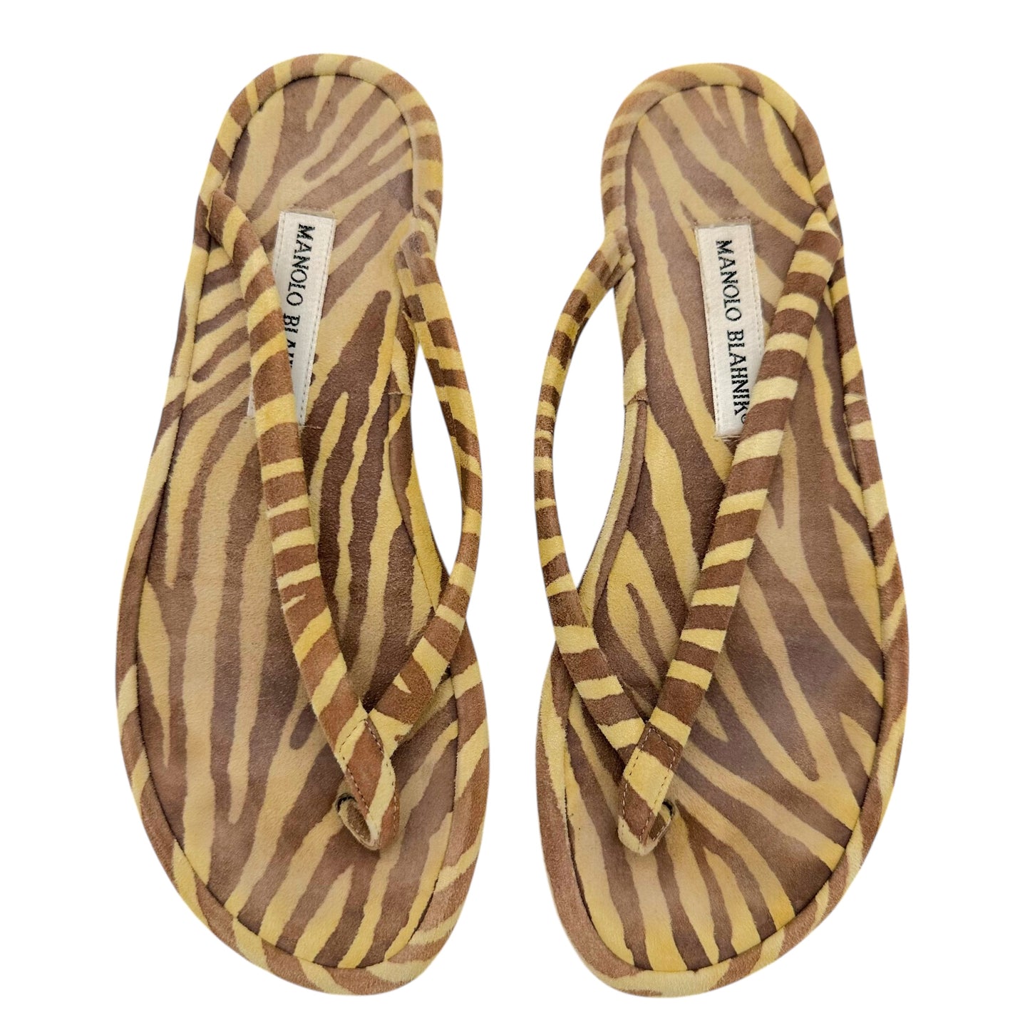 Manolo Blahnik Tan Suede Zebra Print Flip Flops