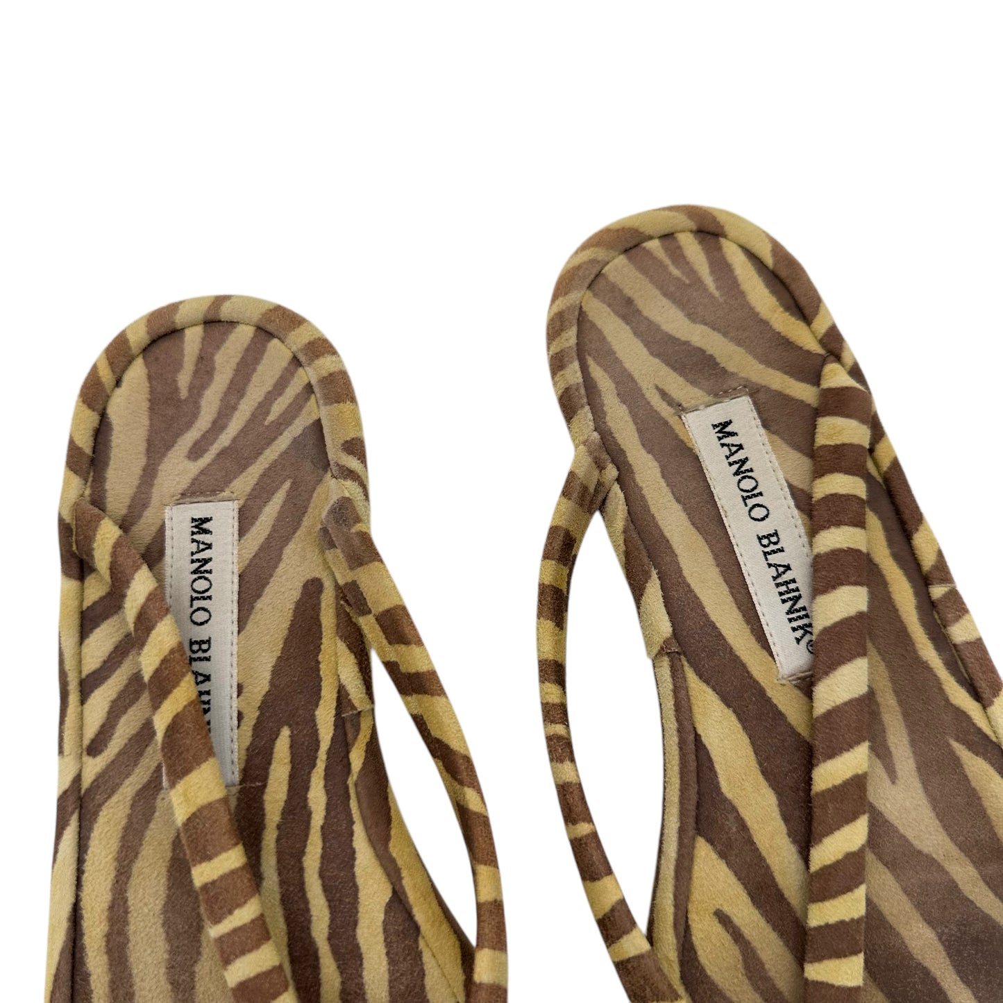 Manolo Blahnik Tan Suede Zebra Print Flip Flops