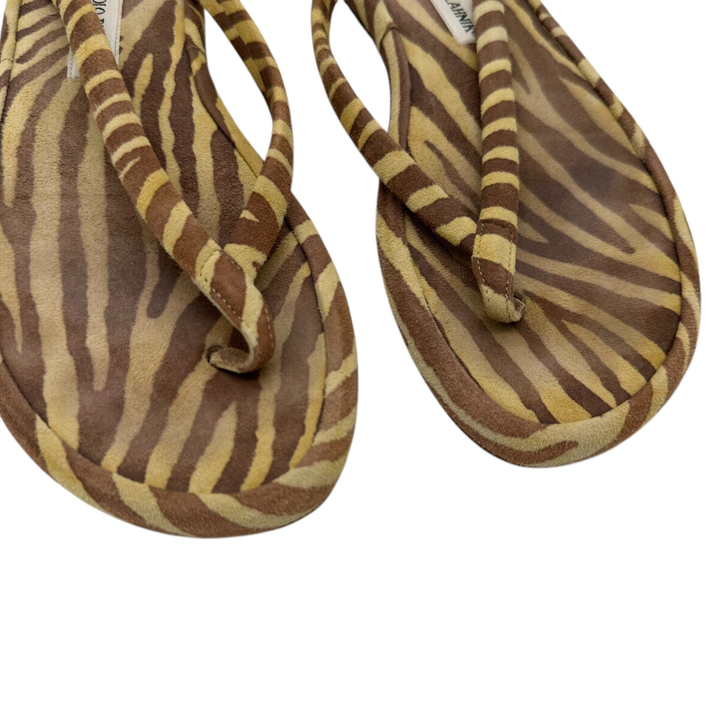 Manolo Blahnik Tan Suede Zebra Print Flip Flops