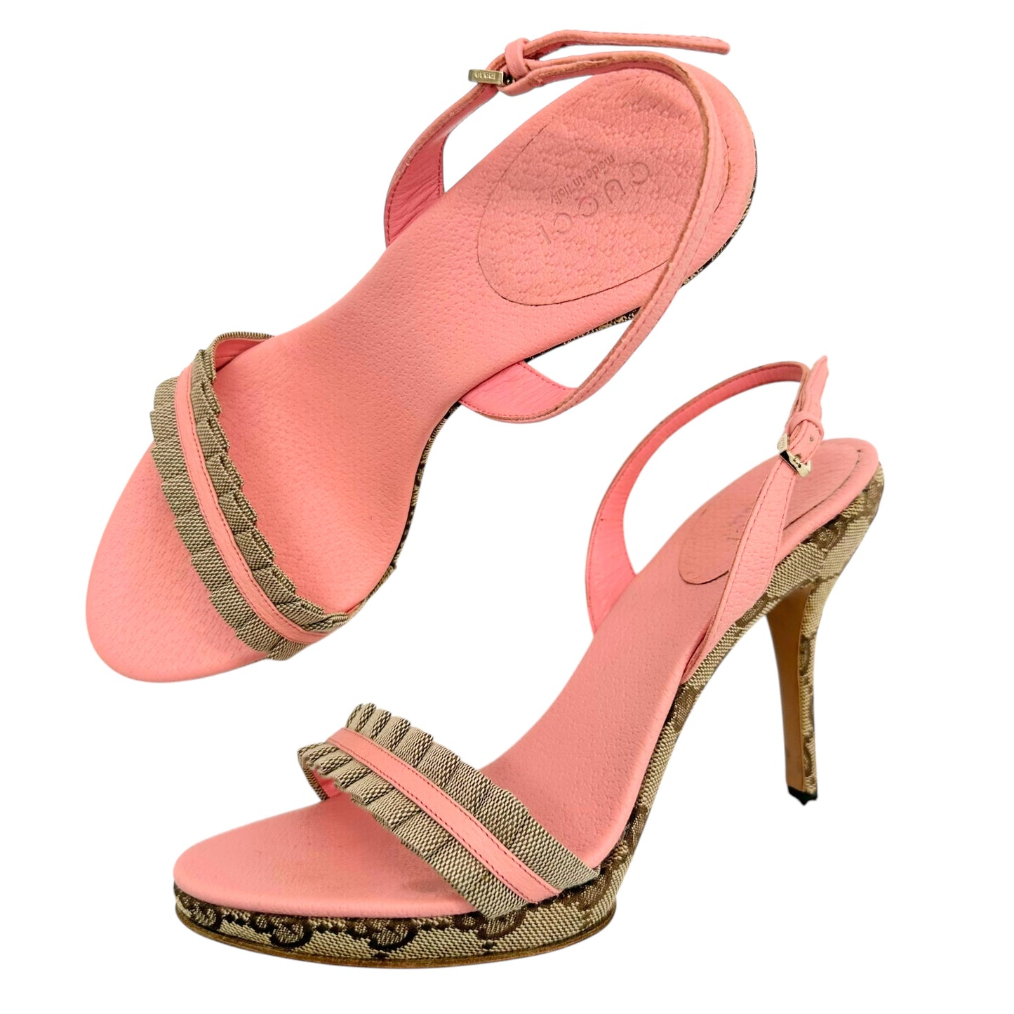 Gucci Tan Monogram & Pink Leather Slingback Heel Sandals