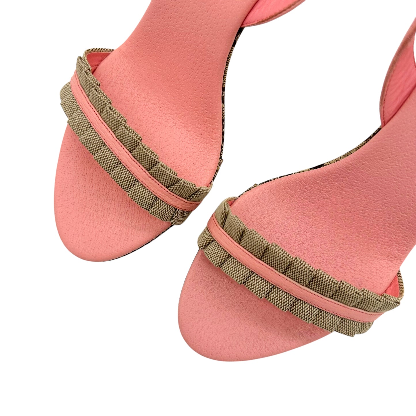 Gucci Tan Monogram & Pink Leather Slingback Heel Sandals