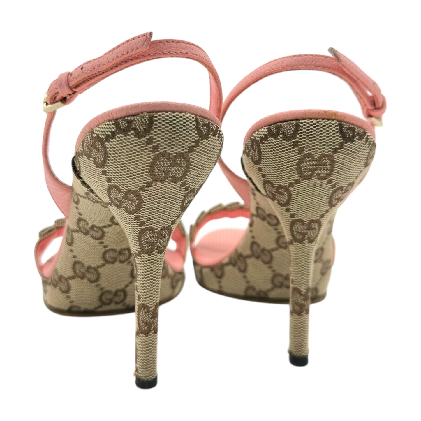 Gucci Tan Monogram & Pink Leather Slingback Heel Sandals