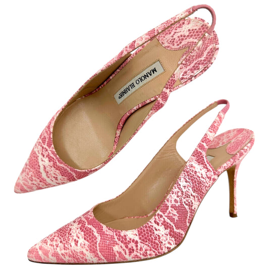 Manolo Blahnik Pink Lace Patent Slingback Heels