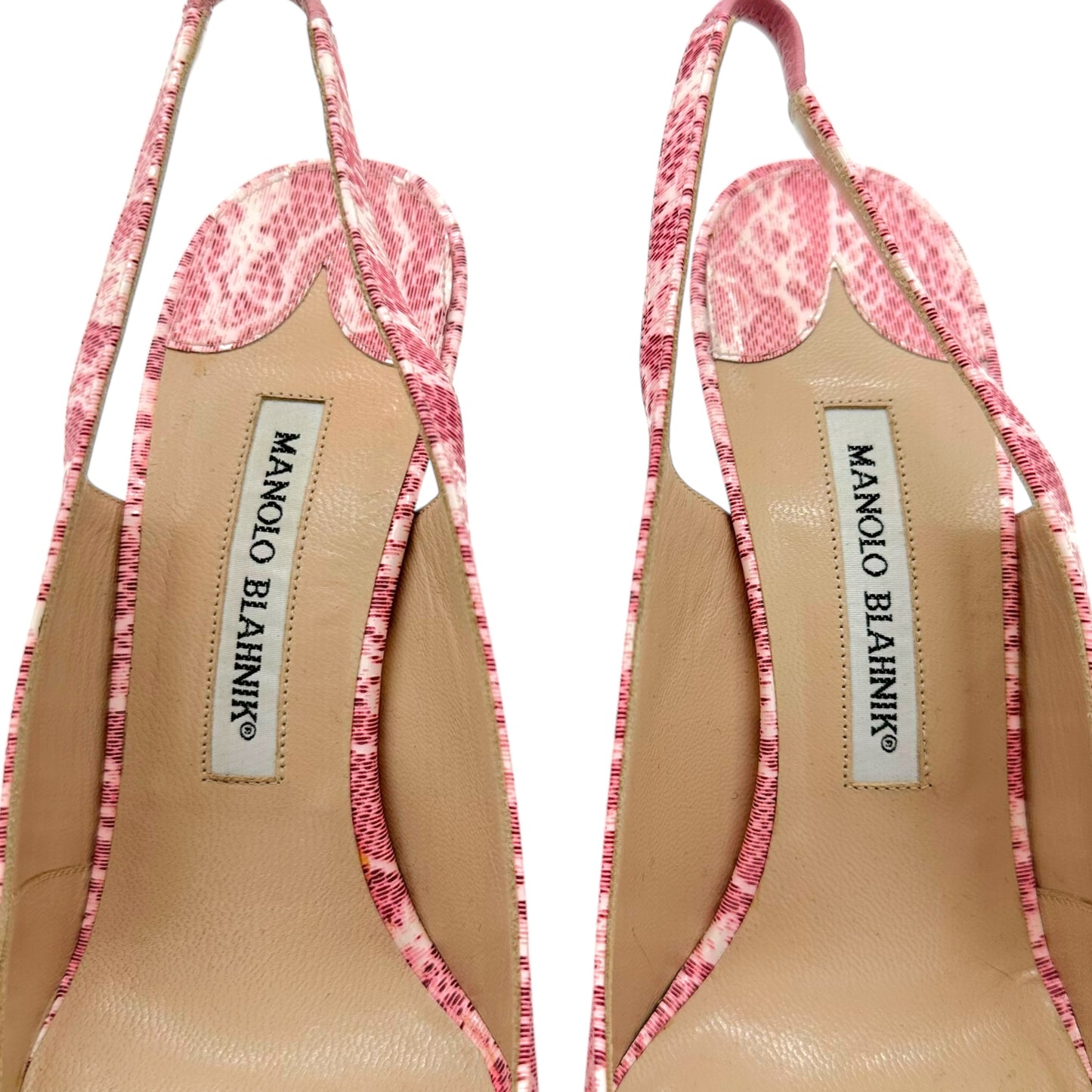 Manolo Blahnik Pink Lace Patent Slingback Heels