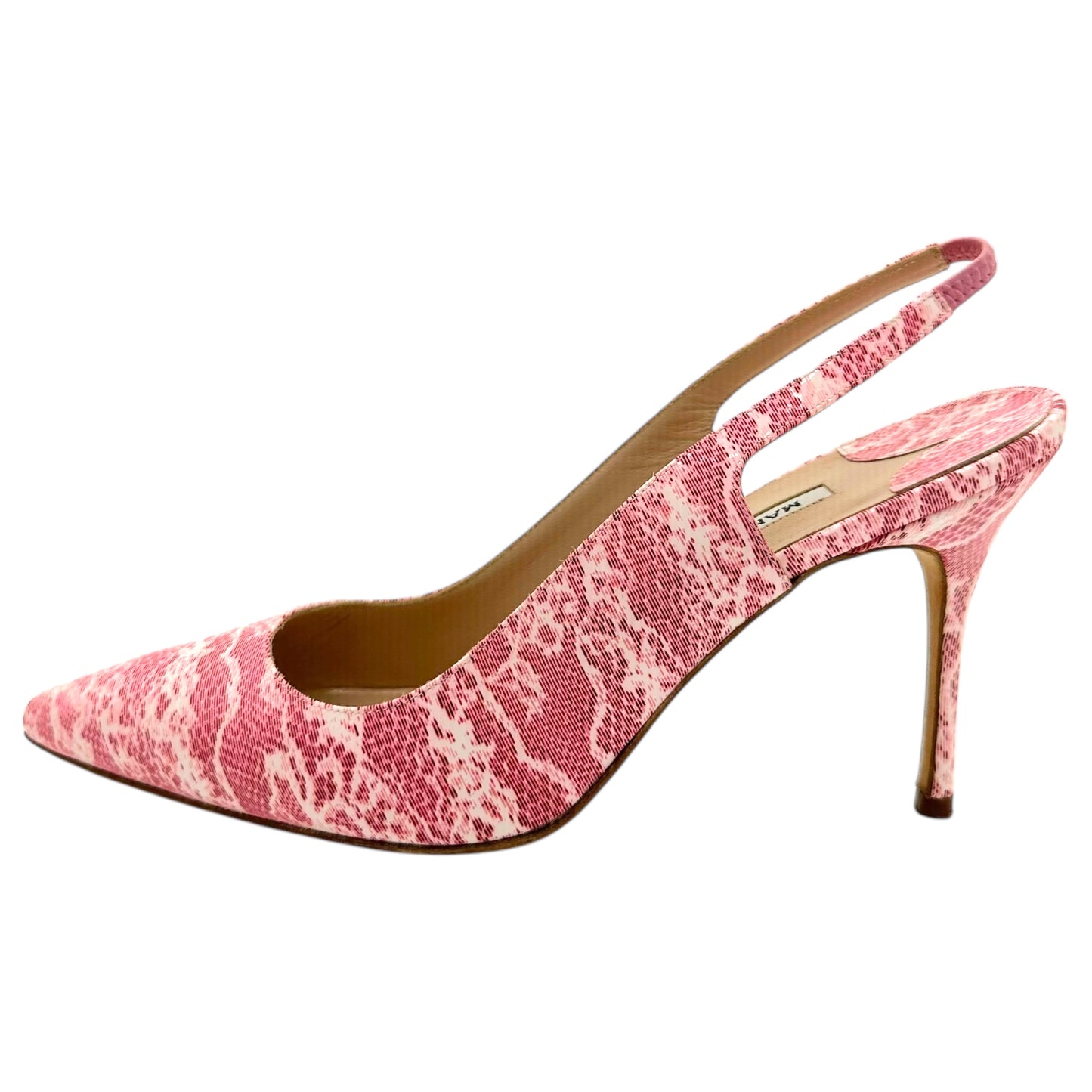 Manolo Blahnik Pink Lace Patent Slingback Heels