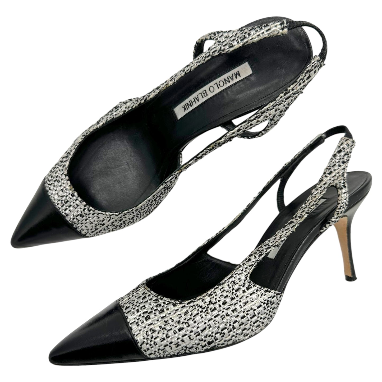 Manolo Blahnik Black & White Tweed Pointed To Slingback Heels