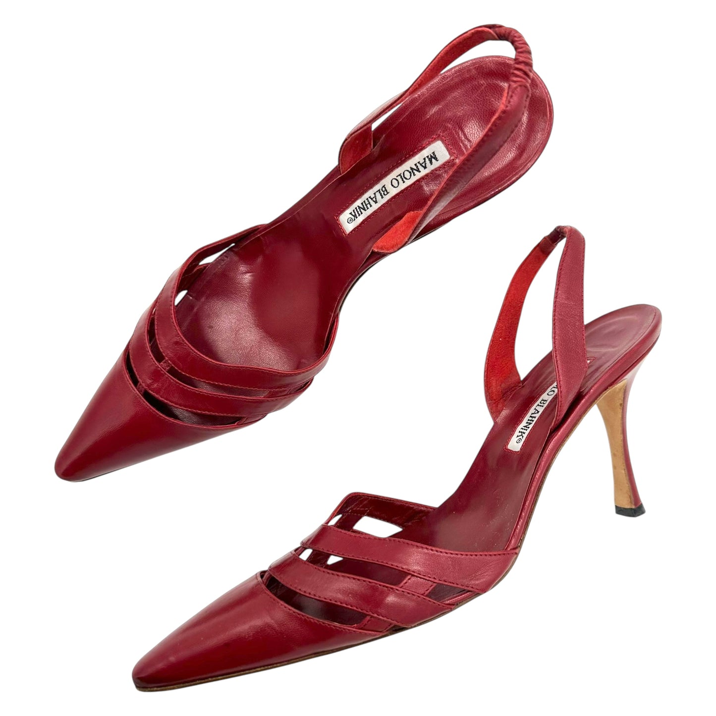 Manolo Blahnik Red Leather Pointed Toe Slingback Heels