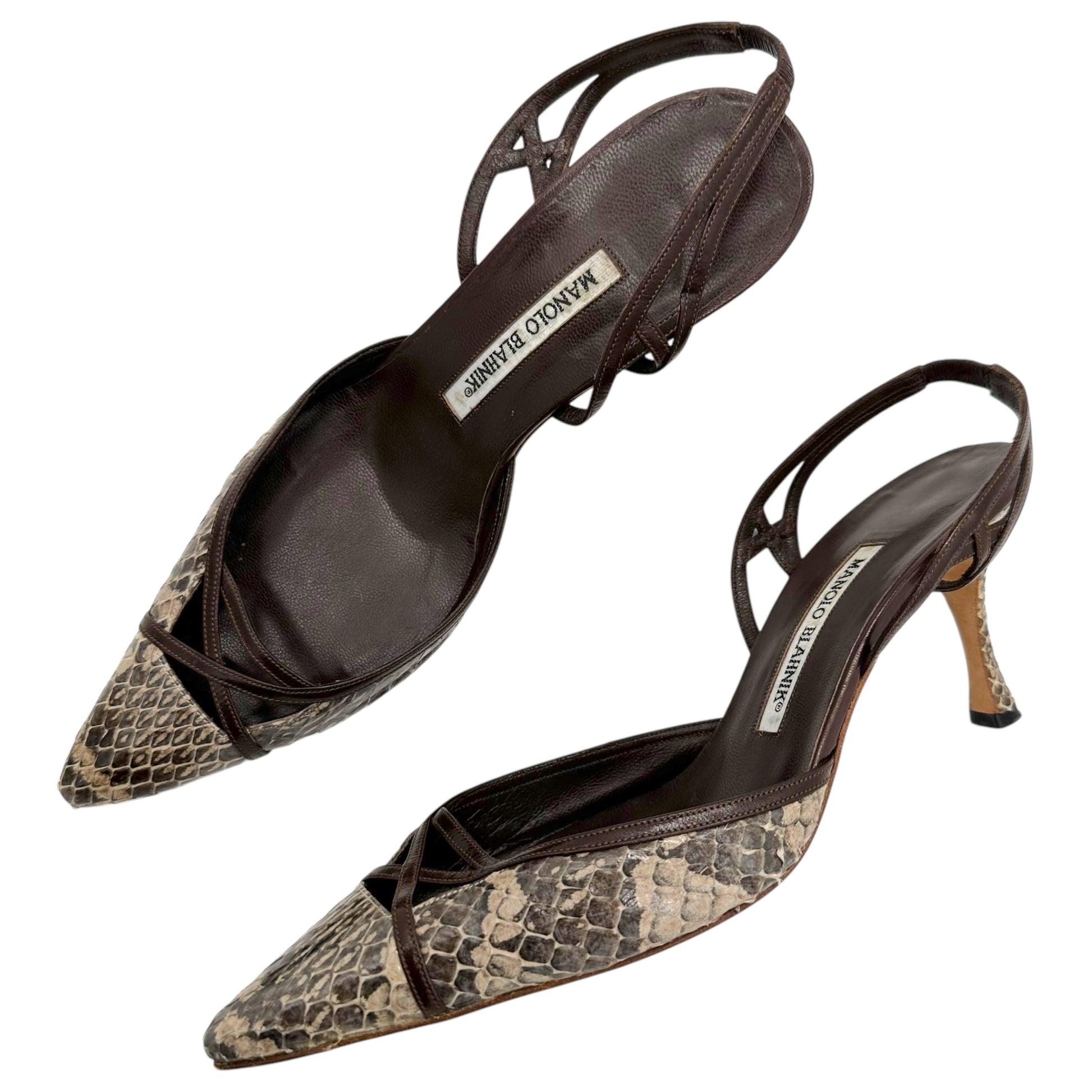 Manolo Blahnik Brown & Ivory Snakeskin Slingback Heels - Outfit Repeater