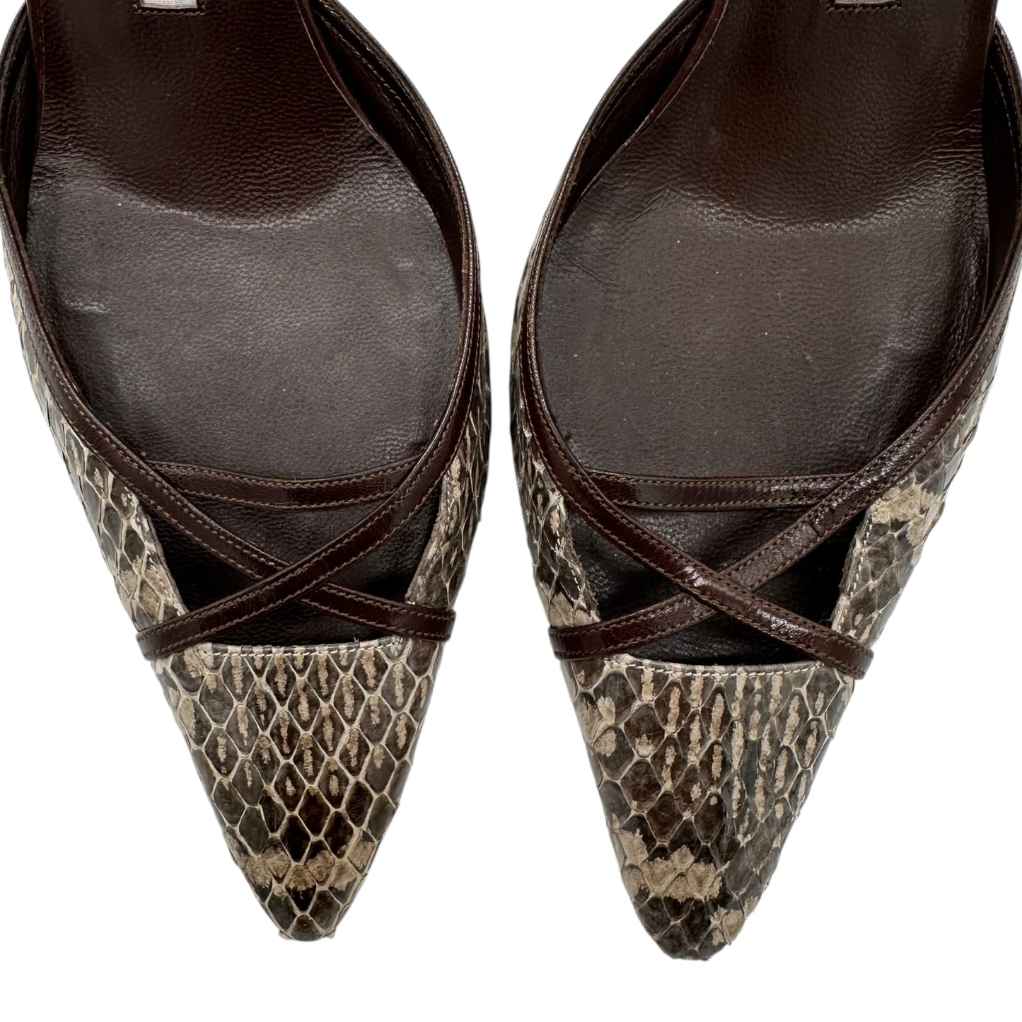 Manolo Blahnik Brown & Ivory Snakeskin Slingback Heels - Outfit Repeater