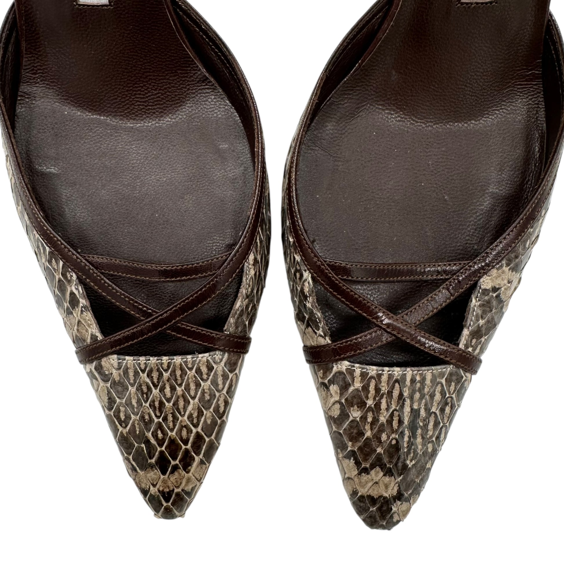 Manolo Blahnik Brown & Ivory Snakeskin Slingback Heels - Outfit Repeater