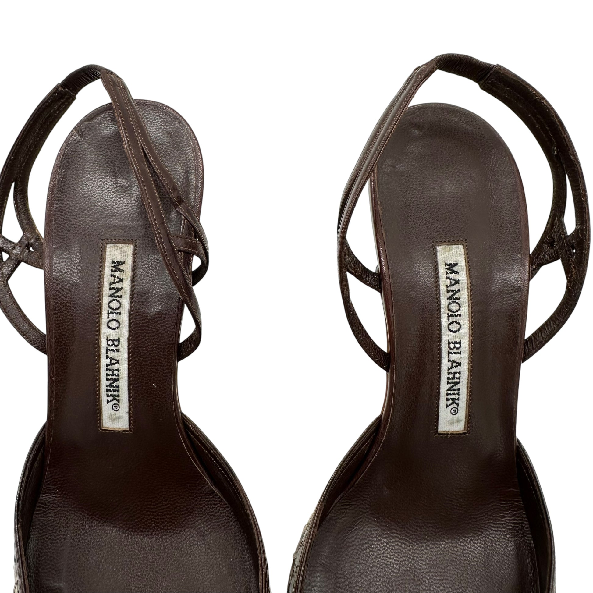 Manolo Blahnik Brown & Ivory Snakeskin Slingback Heels - Outfit Repeater