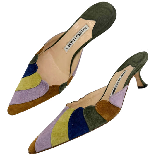 Manolo Blahnik Multicolor Suede Kitten Heel Mules