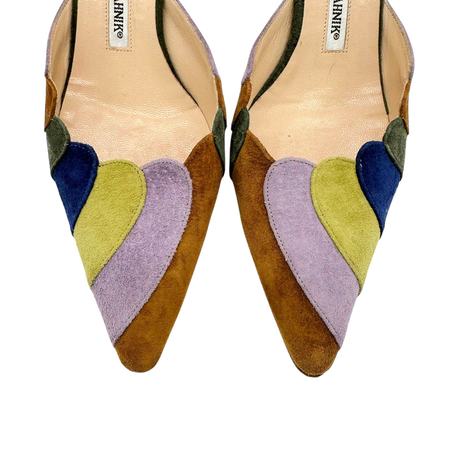 Manolo Blahnik Multicolor Suede Kitten Heel Mules