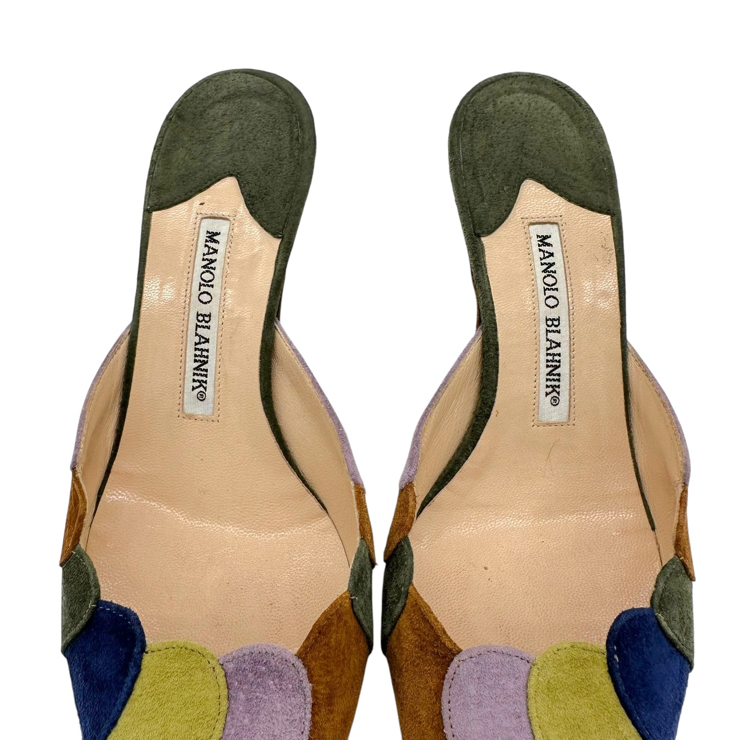 Manolo Blahnik Multicolor Suede Kitten Heel Mules