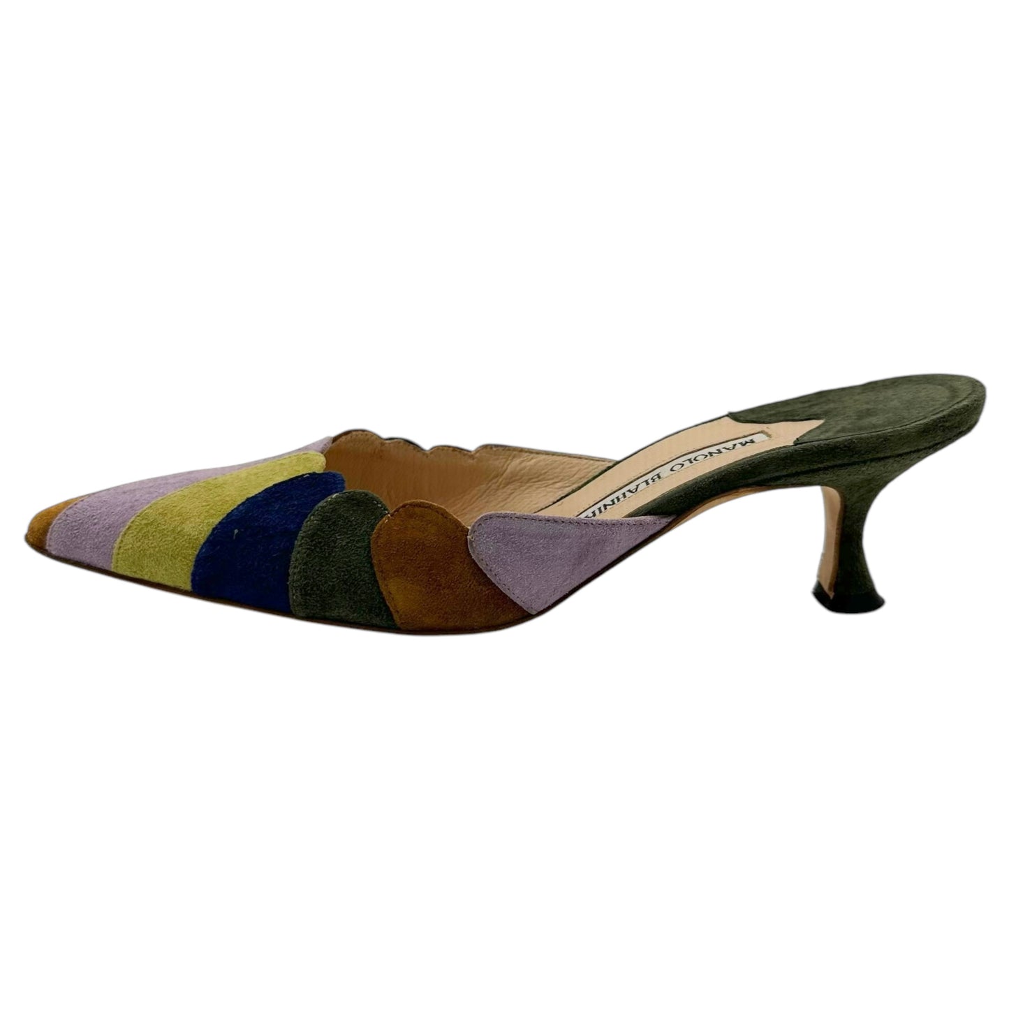 Manolo Blahnik Multicolor Suede Kitten Heel Mules