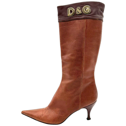 D&G Dolce & Gabbana Brown Lizard Pointed Toe Logo Boots