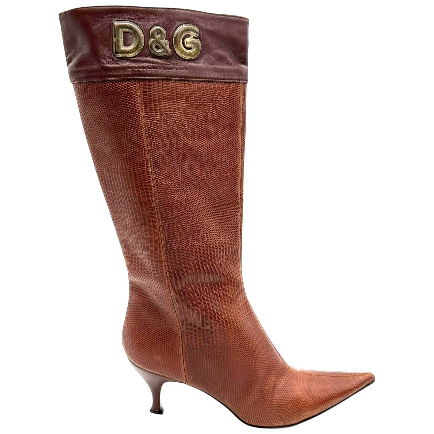 D&G Dolce & Gabbana Brown Lizard Pointed Toe Logo Boots