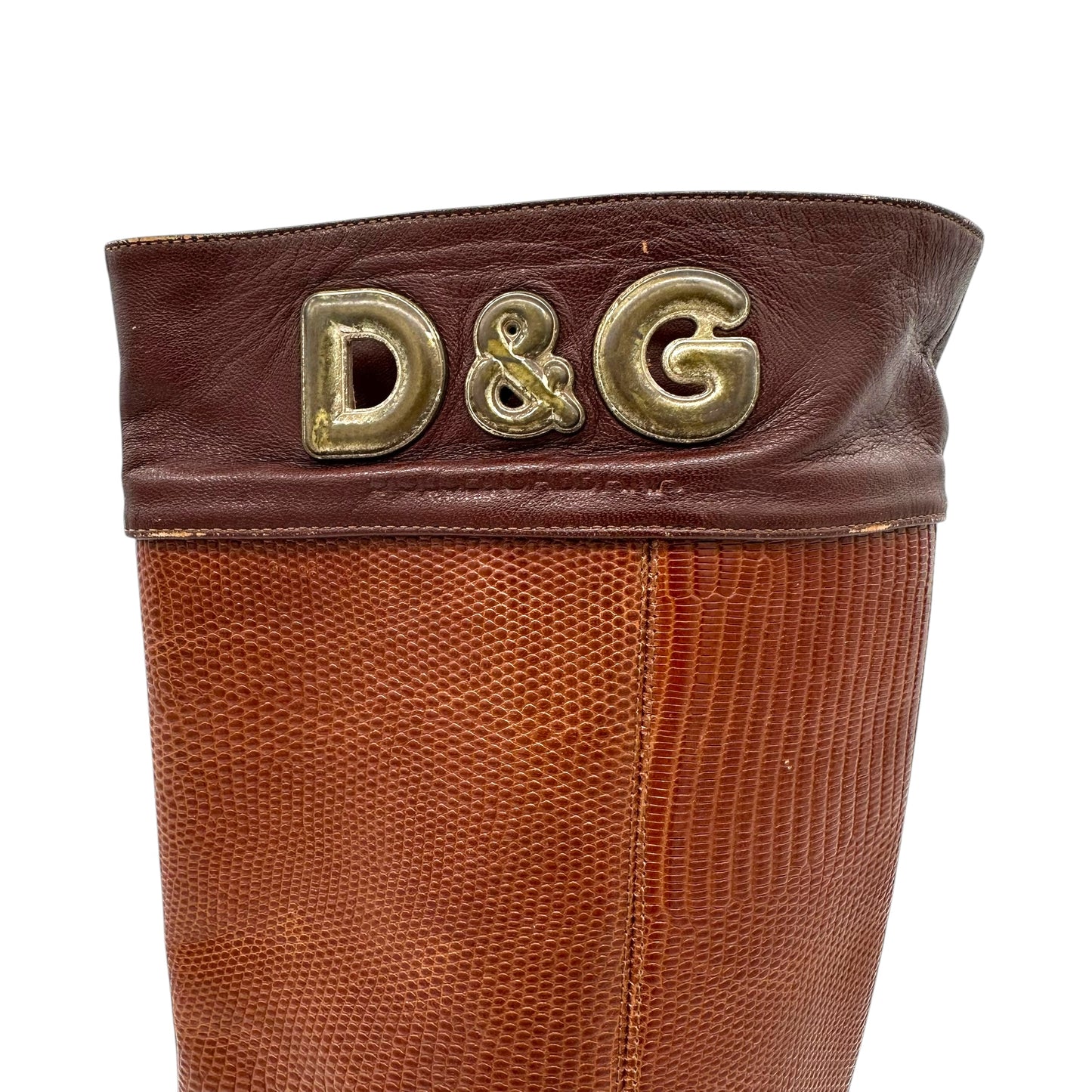 D&G Dolce & Gabbana Brown Lizard Pointed Toe Logo Boots